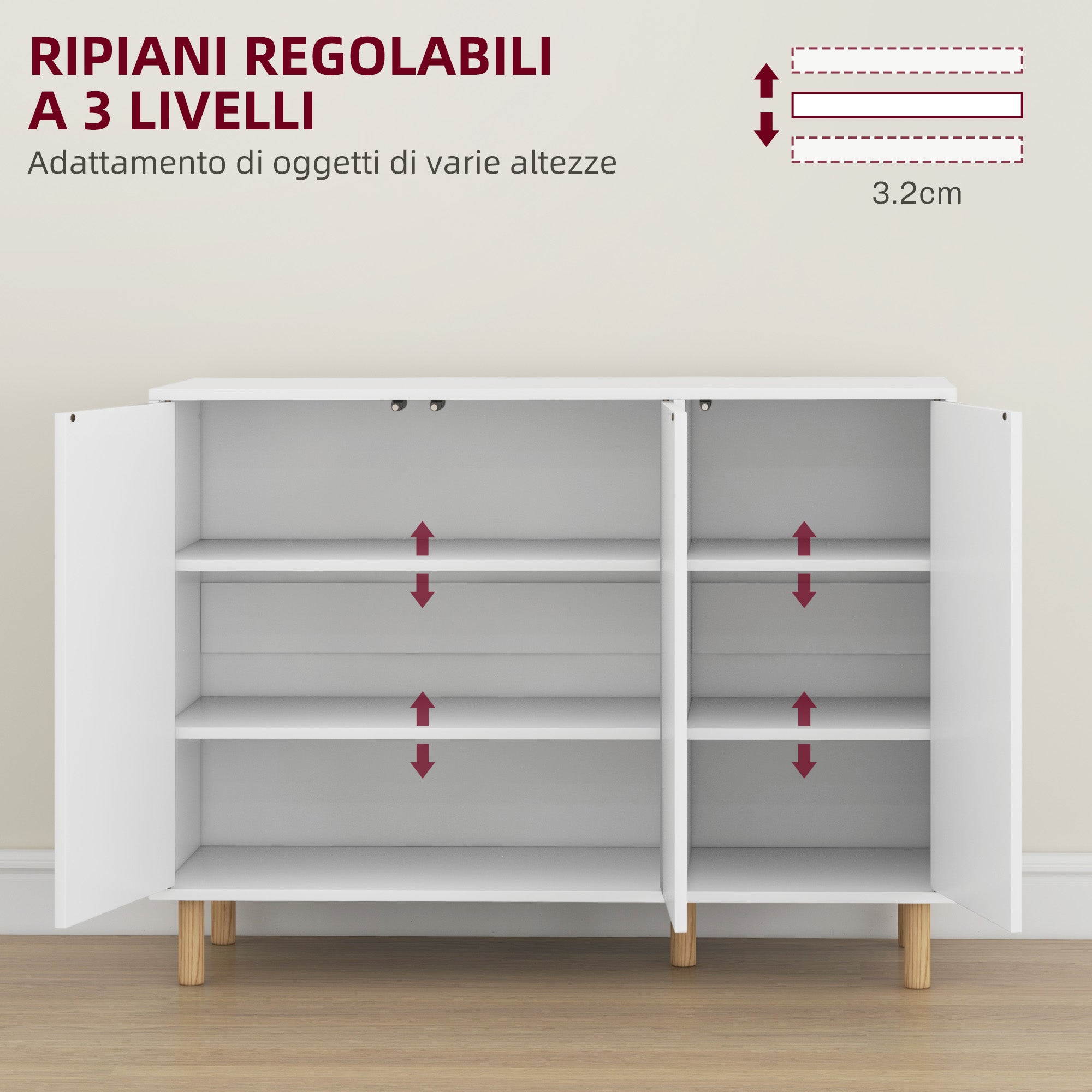 Modern Credenza with 2 Cabinets and 3 Shelves, Multi-Purpose Wood Furniture, 107x40x80 cm, White