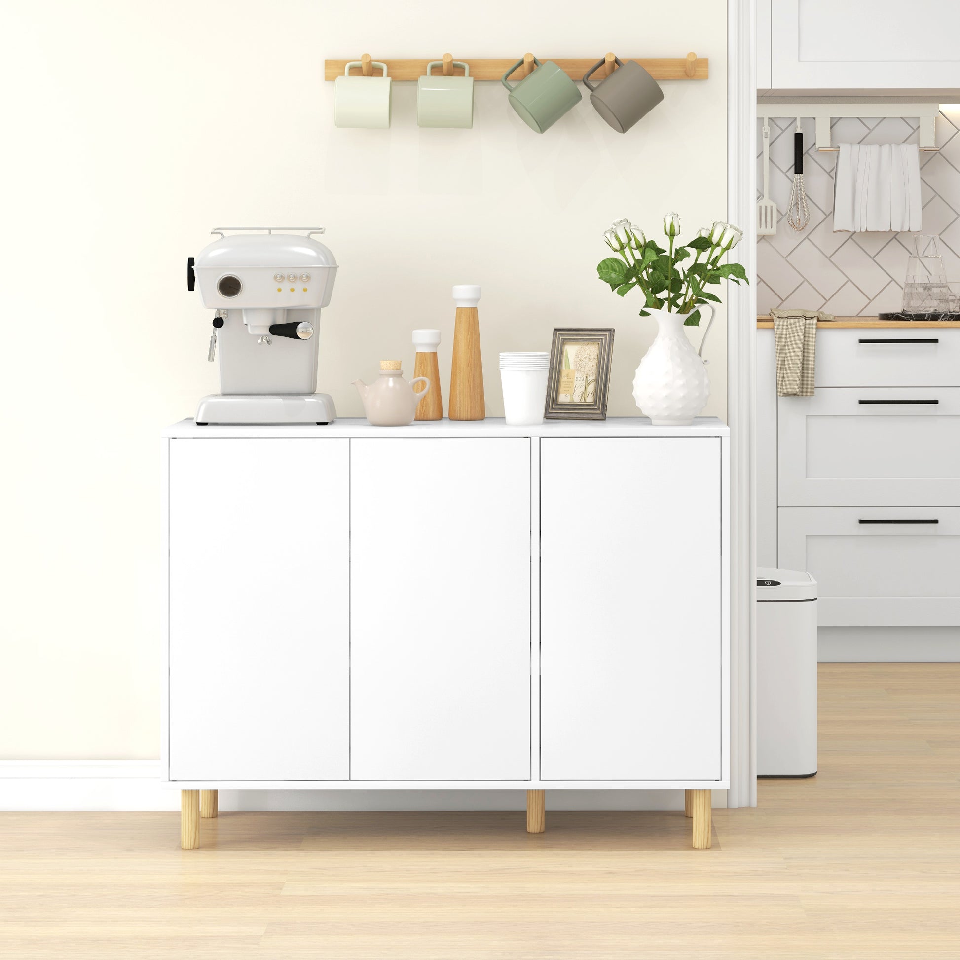 Modern Credenza with 2 Cabinets and 3 Shelves, Multi-Purpose Wood Furniture, 107x40x80 cm, White