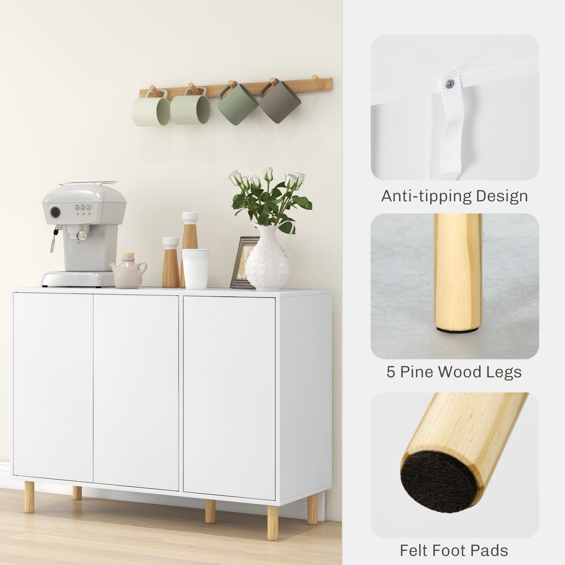 Modern Credenza with 2 Cabinets and 3 Shelves, Multi-Purpose Wood Furniture, 107x40x80 cm, White