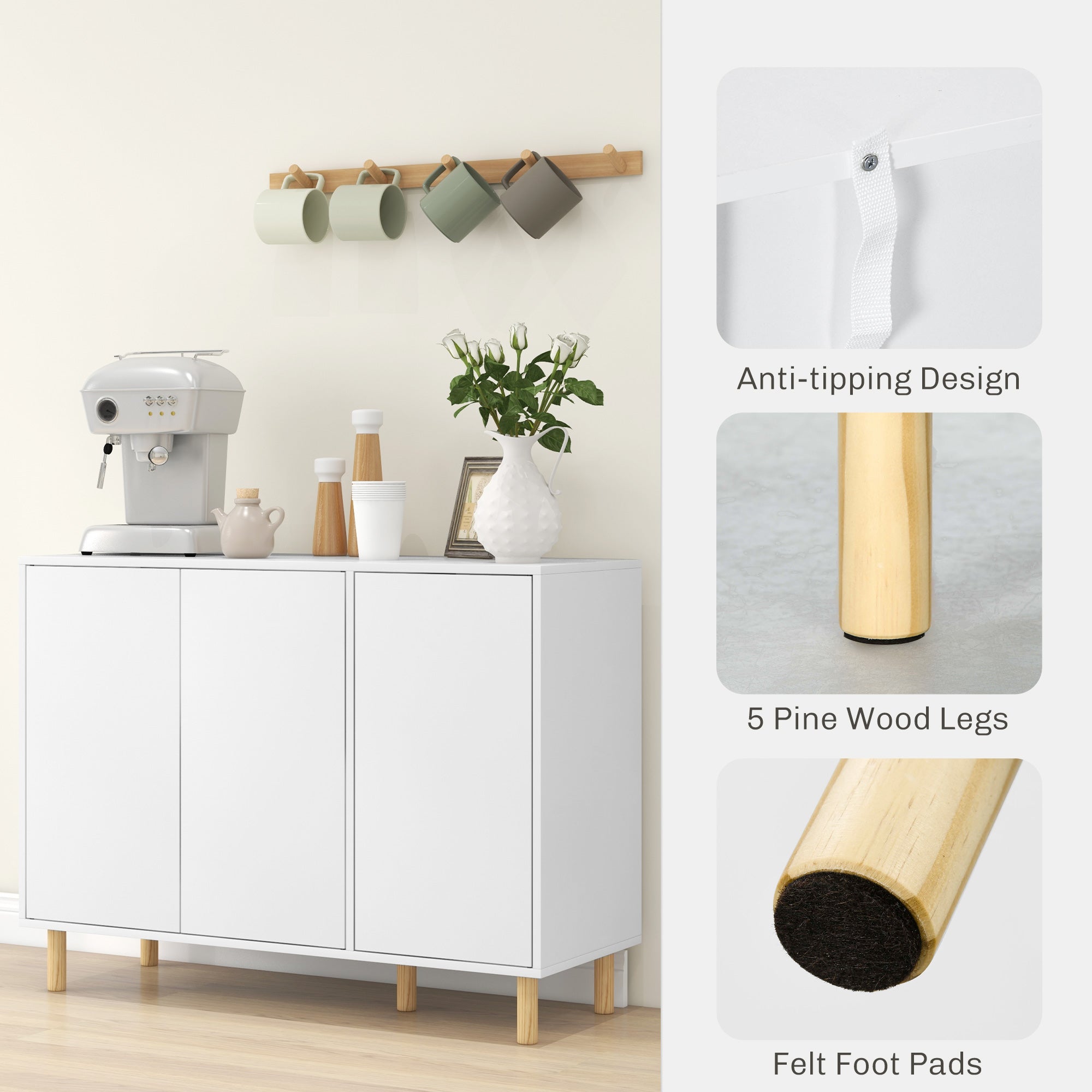 Modern Credenza with 2 Cabinets and 3 Shelves, Multi-Purpose Wood Furniture, 107x40x80 cm, White