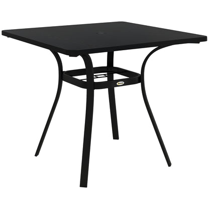 Garden Table, Dining Table with Umbrella Hole, Square Balcony Table for 4 Persons with Foot Pads, Supports up to 70 kg for Patio, Steel, Black, 80 x 80 x 76 cm
