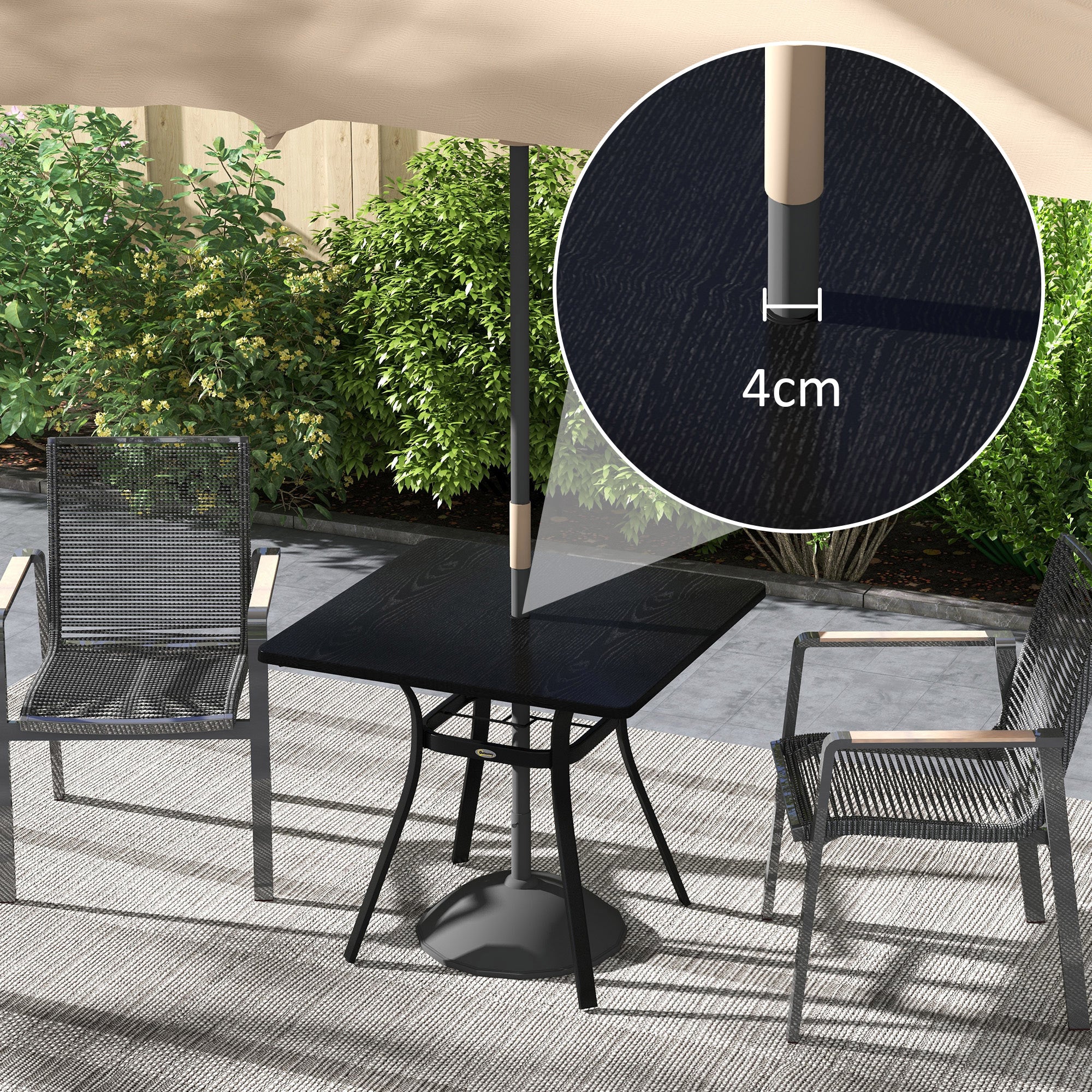 Garden Table, Dining Table with Umbrella Hole, Square Balcony Table for 4 Persons with Foot Pads, Supports up to 70 kg for Patio, Steel, Black, 80 x 80 x 76 cm