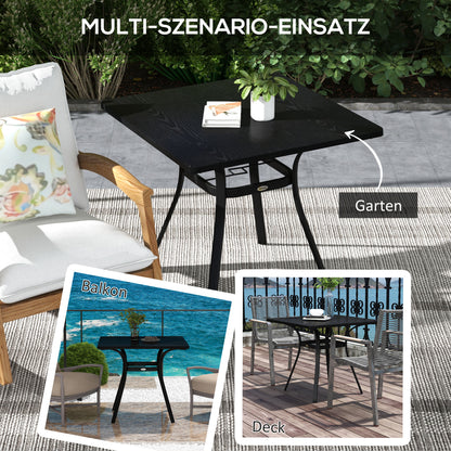Garden Table, Dining Table with Umbrella Hole, Square Balcony Table for 4 Persons with Foot Pads, Supports up to 70 kg for Patio, Steel, Black, 80 x 80 x 76 cm