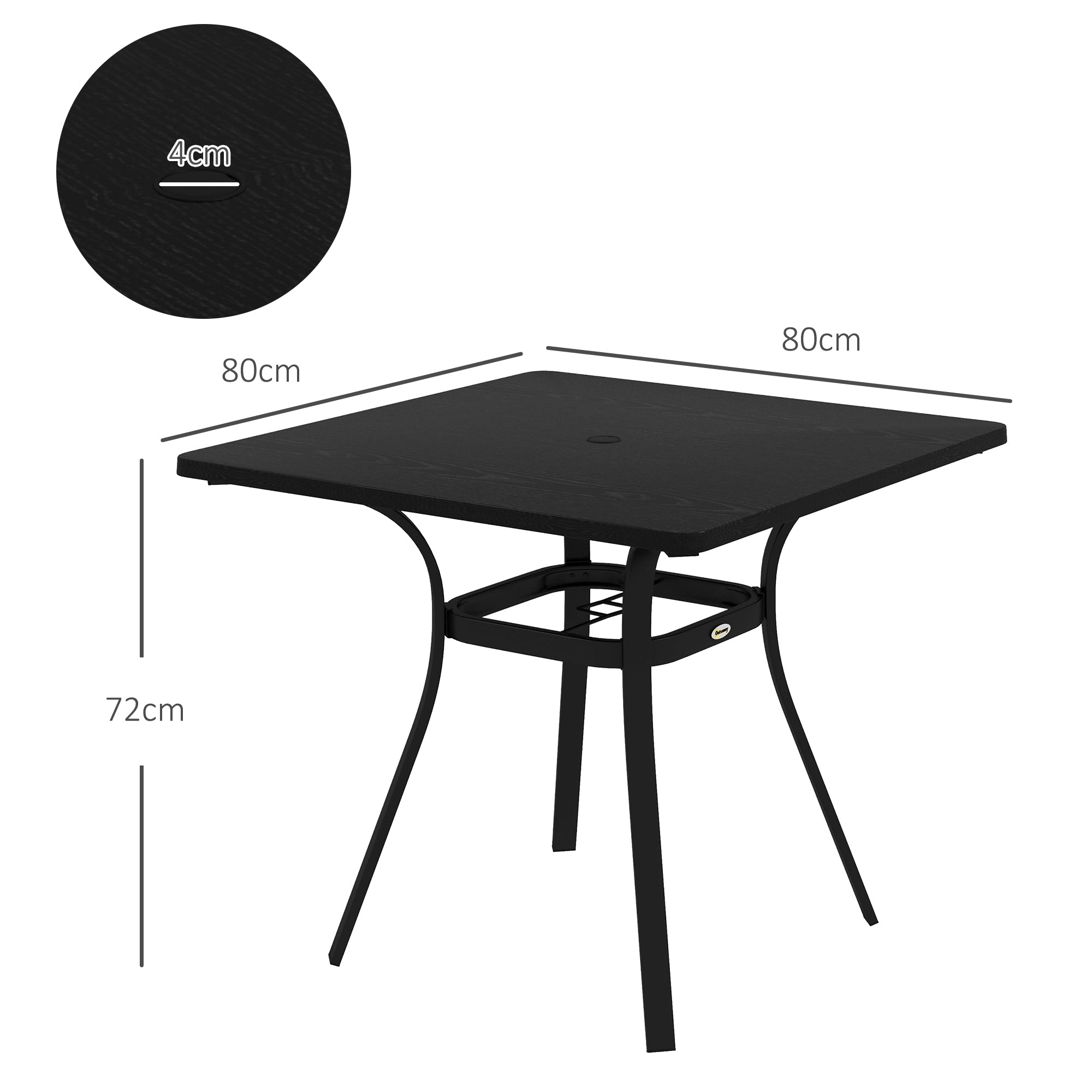 Garden Table, Dining Table with Umbrella Hole, Square Balcony Table for 4 Persons with Foot Pads, Supports up to 70 kg for Patio, Steel, Black, 80 x 80 x 76 cm