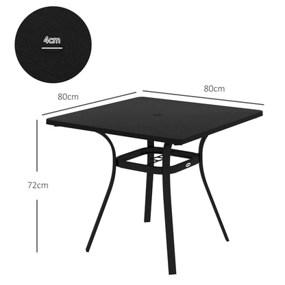 Garden Table, Dining Table with Umbrella Hole, Square Balcony Table for 4 Persons with Foot Pads, Supports up to 70 kg for Patio, Steel, Black, 80 x 80 x 76 cm
