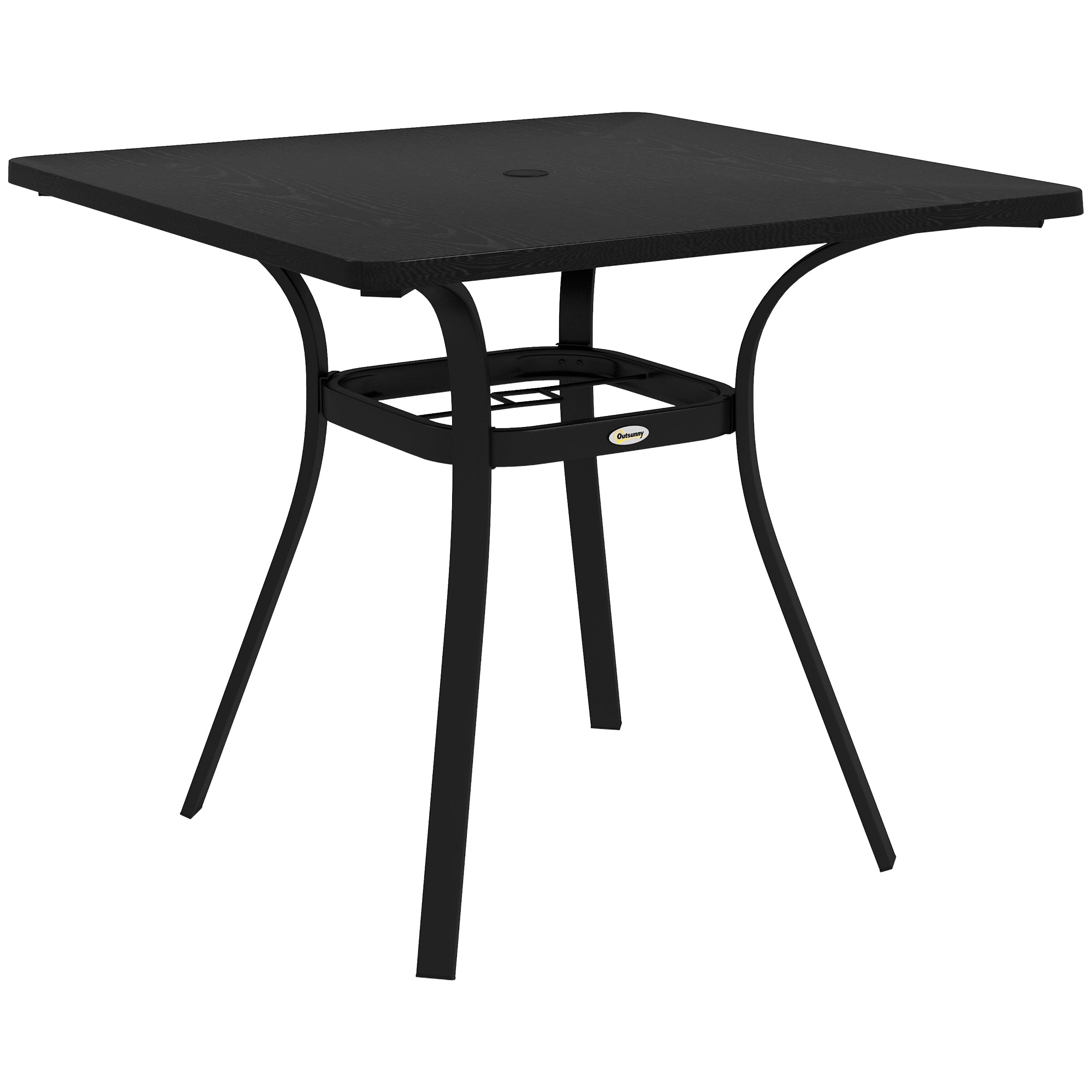 Garden Table, Dining Table with Umbrella Hole, Square Balcony Table for 4 Persons with Foot Pads, Supports up to 70 kg for Patio, Steel, Black, 80 x 80 x 76 cm