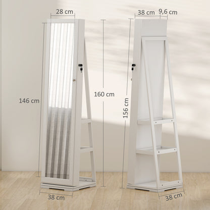 Standing Jewelry Mirror Jewelry Cabinet 360° Rotating Jewelry Armoire with Lock Back Shelves and Built-in Small Mirror 38x38x160 cm White Veined