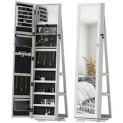 Standing Jewelry Mirror Jewelry Cabinet 360° Rotating Jewelry Armoire with Lock Back Shelves and Built-in Small Mirror 38x38x160 cm White Veined