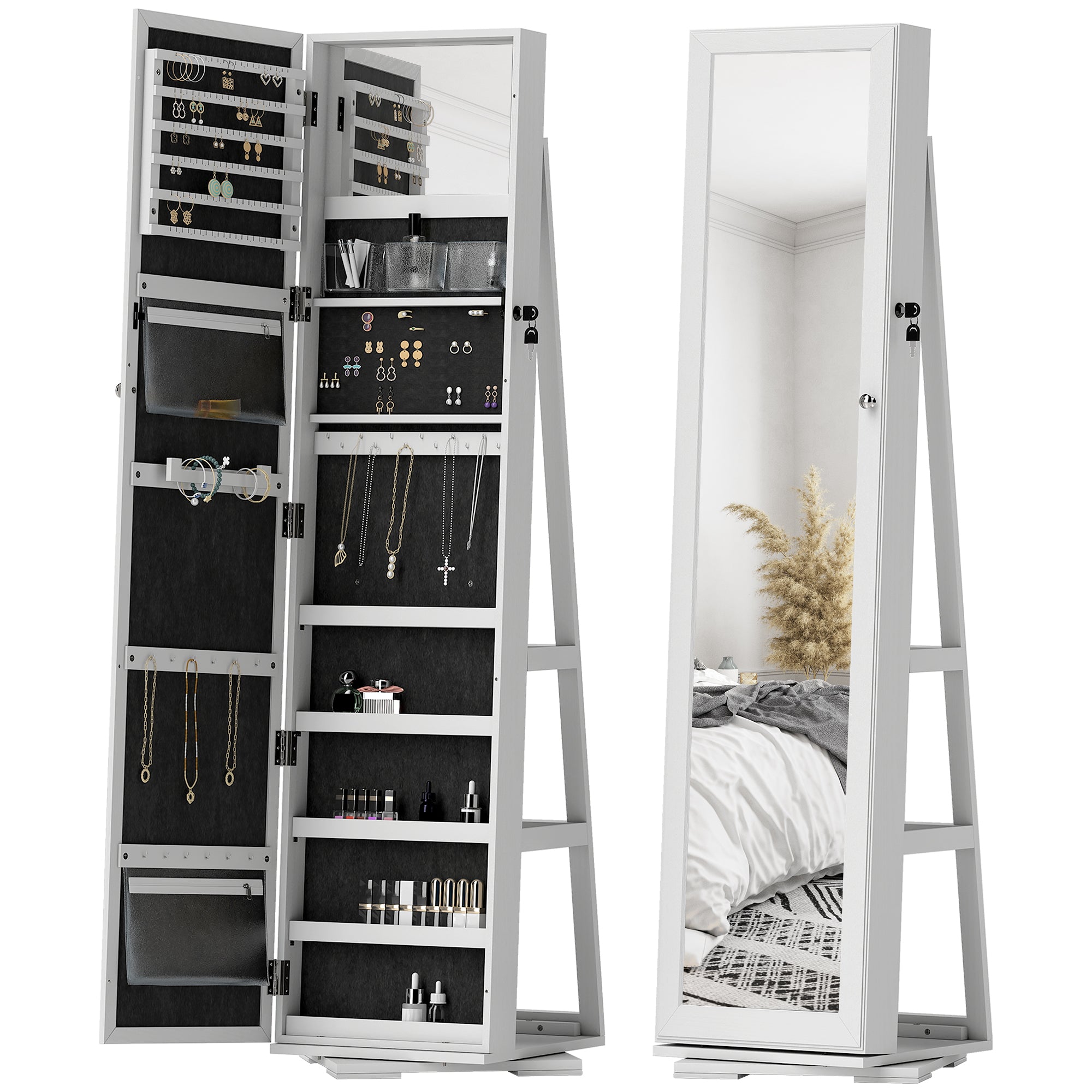 Standing Jewelry Mirror Jewelry Cabinet 360° Rotating Jewelry Armoire with Lock Back Shelves and Built-in Small Mirror 38x38x160 cm White Veined
