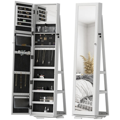 Standing Jewelry Mirror Jewelry Cabinet 360° Rotating Jewelry Armoire with Lock Back Shelves and Built-in Small Mirror 38x38x160 cm White Veined