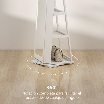 Standing Jewelry Mirror Jewelry Cabinet 360° Rotating Jewelry Armoire with Lock Back Shelves and Built-in Small Mirror 38x38x160 cm White Veined