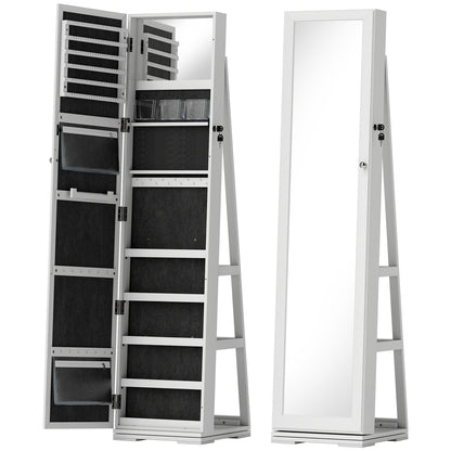 Standing Jewelry Mirror Jewelry Cabinet 360° Rotating Jewelry Armoire with Lock Back Shelves and Built-in Small Mirror 38x38x160 cm White Veined