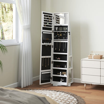 Standing Jewelry Mirror Jewelry Cabinet 360° Rotating Jewelry Armoire with Lock Back Shelves and Built-in Small Mirror 38x38x160 cm White Veined