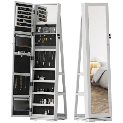 Standing Jewelry Mirror Jewelry Cabinet 360° Rotating Jewelry Armoire with Lock Back Shelves and Built-in Small Mirror 38x38x160 cm White Veined