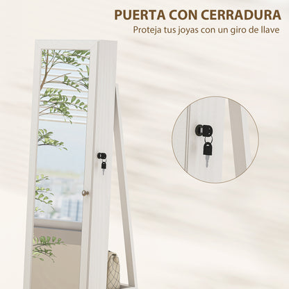 Standing Jewelry Mirror Jewelry Cabinet 360° Rotating Jewelry Armoire with Lock Back Shelves and Built-in Small Mirror 38x38x160 cm White Veined