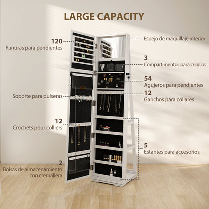 Standing Jewelry Mirror Jewelry Cabinet 360° Rotating Jewelry Armoire with Lock Back Shelves and Built-in Small Mirror 38x38x160 cm White Veined