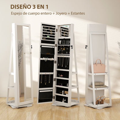 Standing Jewelry Mirror Jewelry Cabinet 360° Rotating Jewelry Armoire with Lock Back Shelves and Built-in Small Mirror 38x38x160 cm White Veined