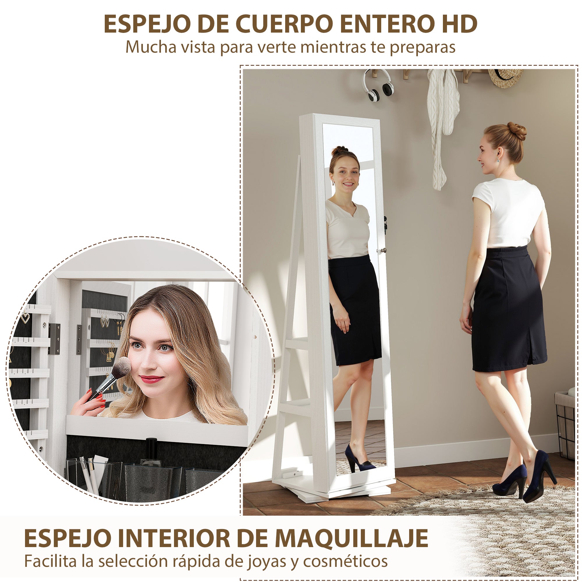 Standing Jewelry Mirror Jewelry Cabinet 360° Rotating Jewelry Armoire with Lock Back Shelves and Built-in Small Mirror 38x38x160 cm White Veined