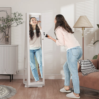 Standing Jewelry Mirror Jewelry Cabinet 360° Rotating Jewelry Armoire with Lock Back Shelves and Built-in Small Mirror 38x38x160 cm White Veined