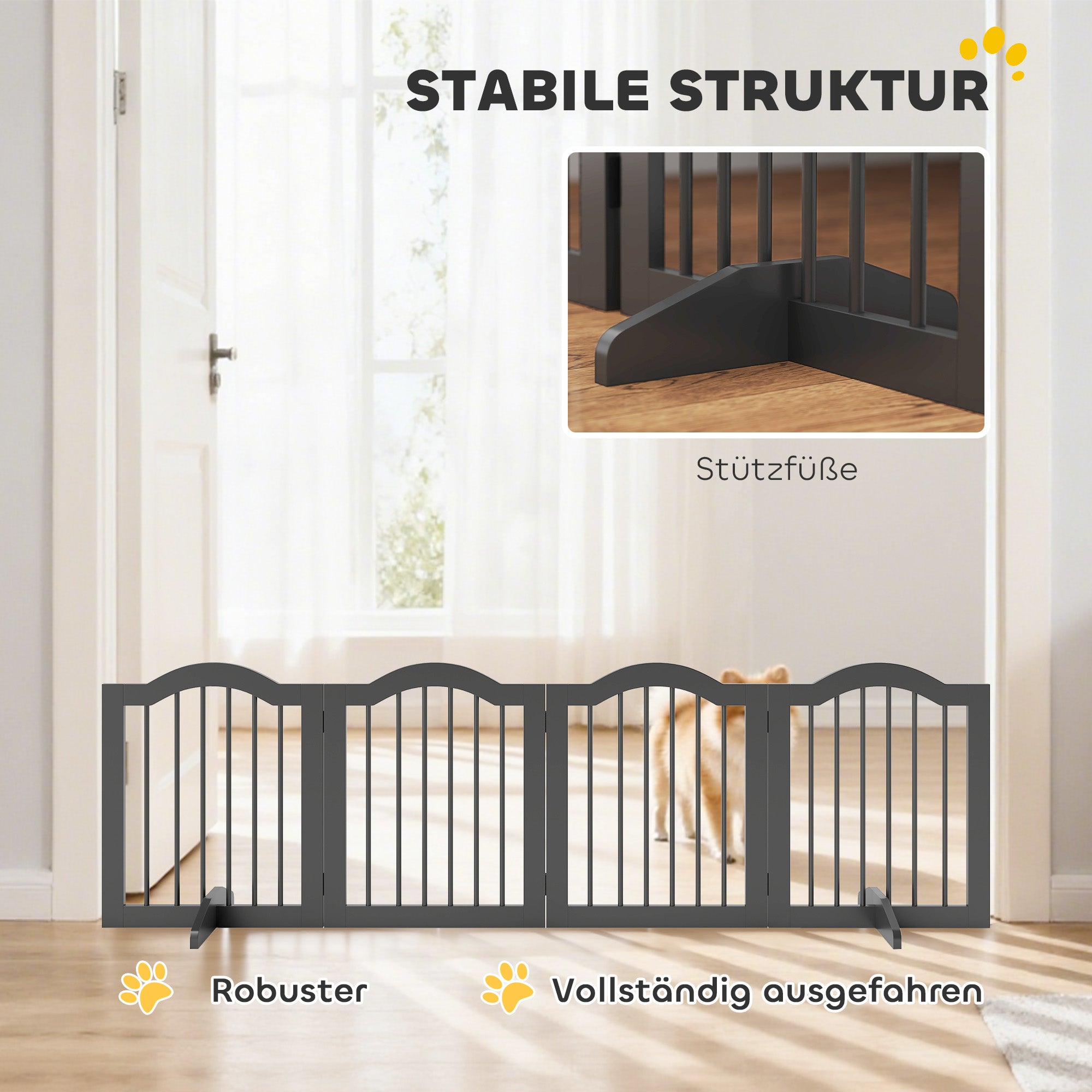 4-Panel Folding Dog Gate with Walk-Through Door, 81.9 x 24 in, Freestanding with 2 Support Feet, for Stairs/Kitchen/Hallway, Black