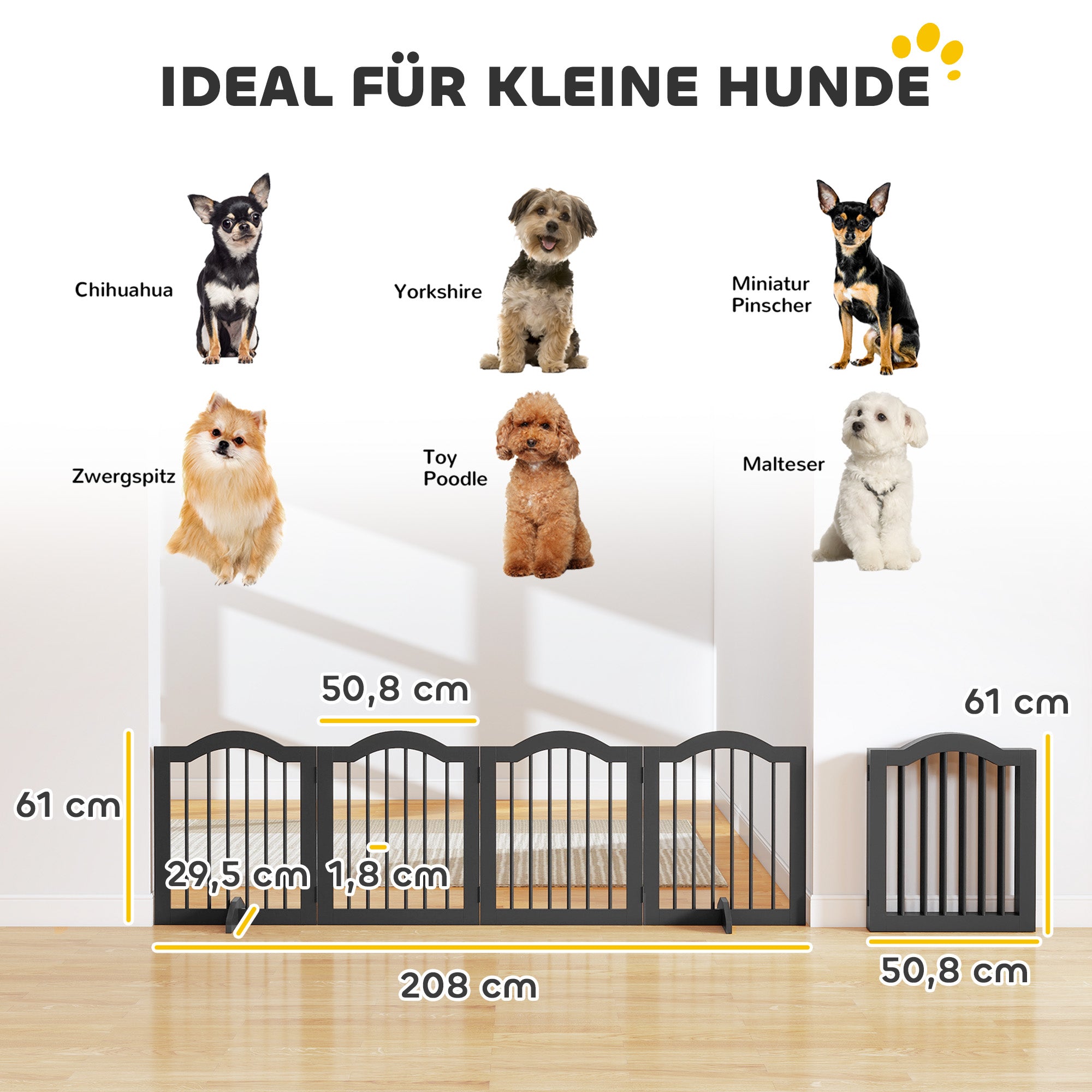 4-Panel Folding Dog Gate with Walk-Through Door, 81.9 x 24 in, Freestanding with 2 Support Feet, for Stairs/Kitchen/Hallway, Black