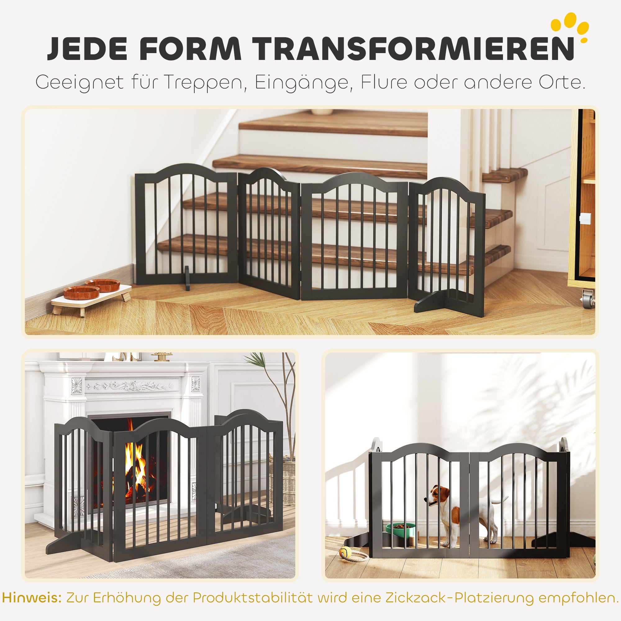 4-Panel Folding Dog Gate with Walk-Through Door, 81.9 x 24 in, Freestanding with 2 Support Feet, for Stairs/Kitchen/Hallway, Black