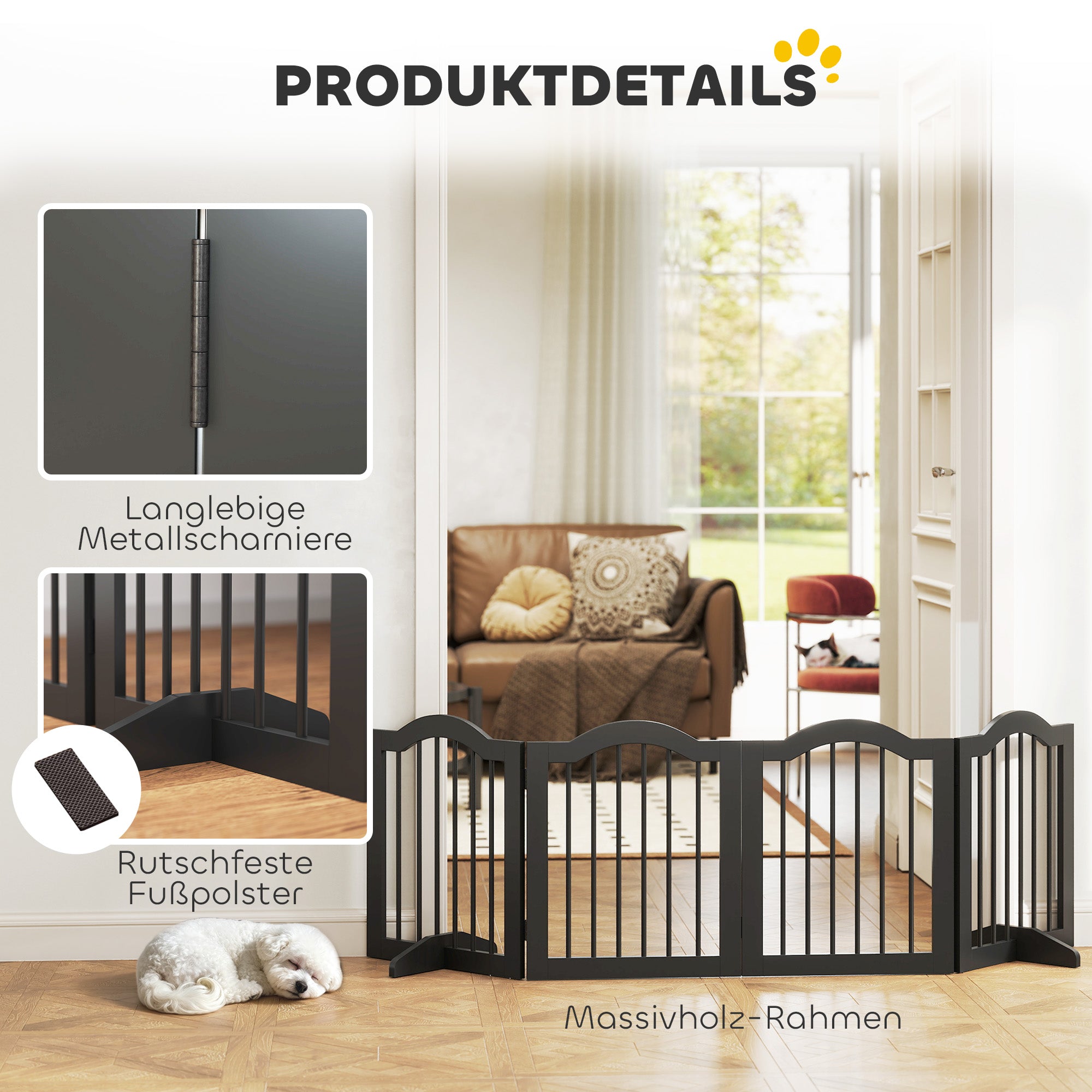 4-Panel Folding Dog Gate with Walk-Through Door, 81.9 x 24 in, Freestanding with 2 Support Feet, for Stairs/Kitchen/Hallway, Black