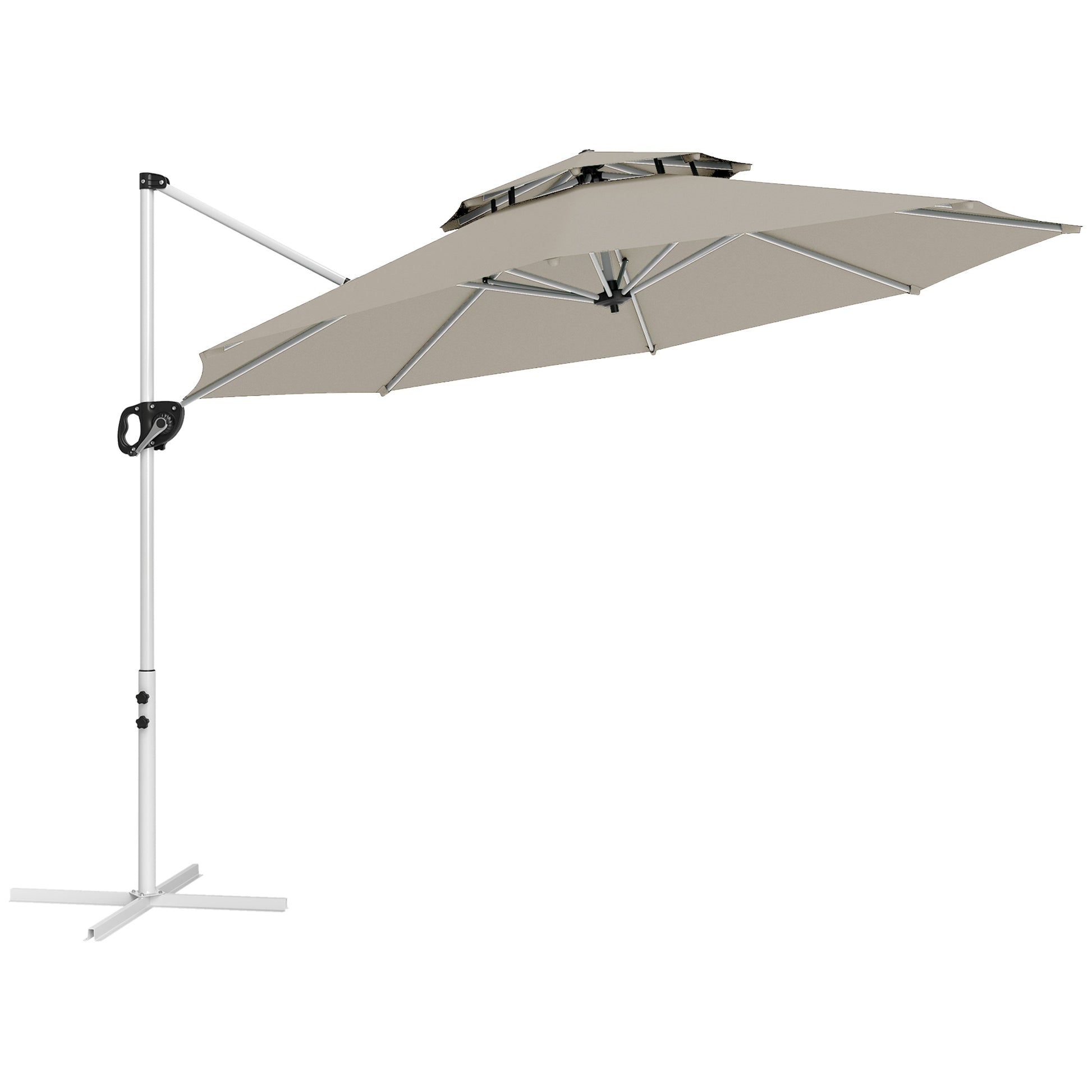Garden Umbrella Ø292 cm Offset Parasol with 360° Rotating Crank Adjustable Tilt Double Roof and Cross Base Patio Umbrella for Outdoor Terrace Light Gray