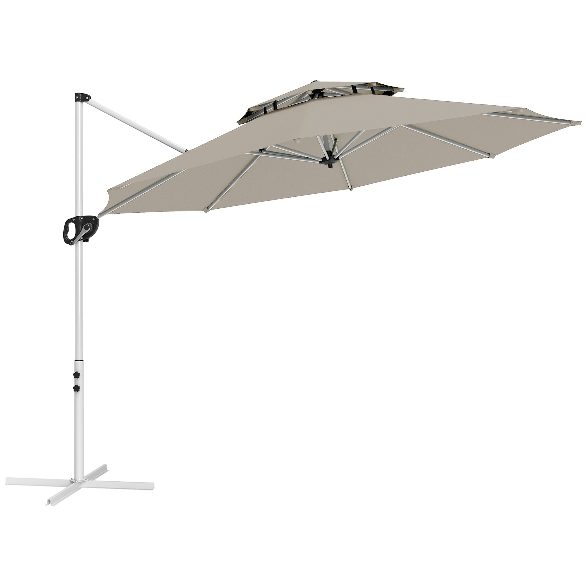 Garden Umbrella Ø292 cm Offset Parasol with 360° Rotating Crank Adjustable Tilt Double Roof and Cross Base Patio Umbrella for Outdoor Terrace Light Gray
