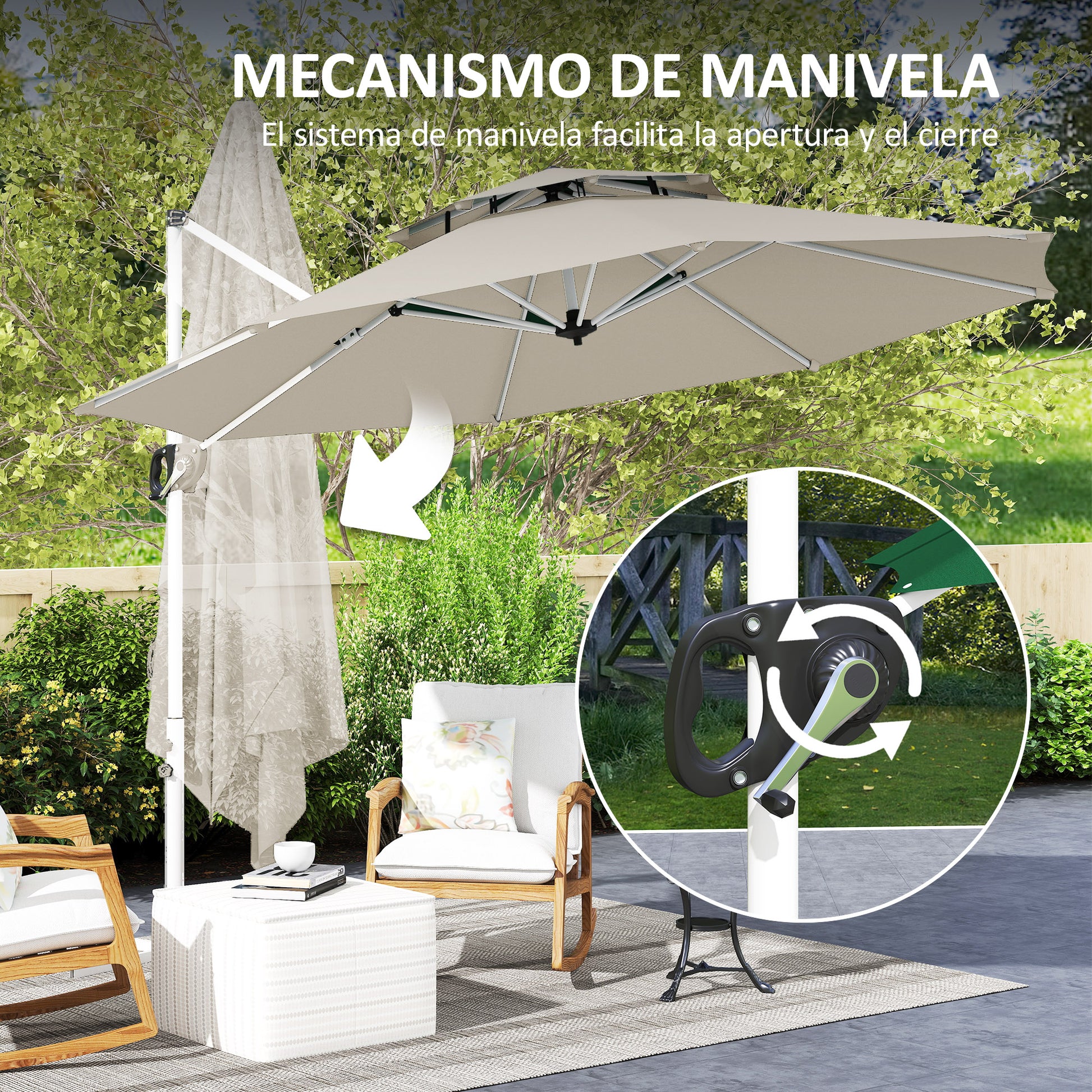 Garden Umbrella Ø292 cm Offset Parasol with 360° Rotating Crank Adjustable Tilt Double Roof and Cross Base Patio Umbrella for Outdoor Terrace Light Gray