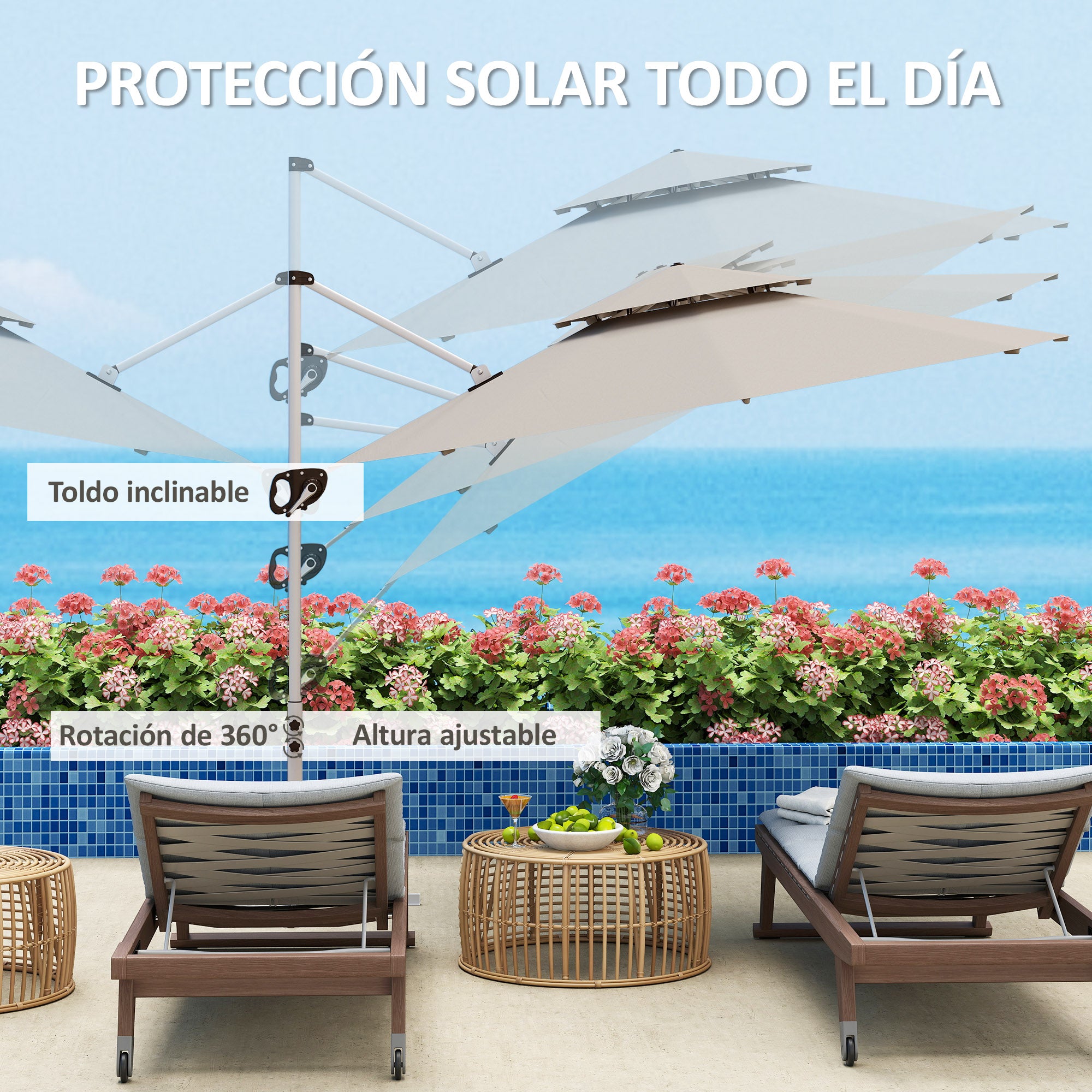 Garden Umbrella Ø292 cm Offset Parasol with 360° Rotating Crank Adjustable Tilt Double Roof and Cross Base Patio Umbrella for Outdoor Terrace Light Gray