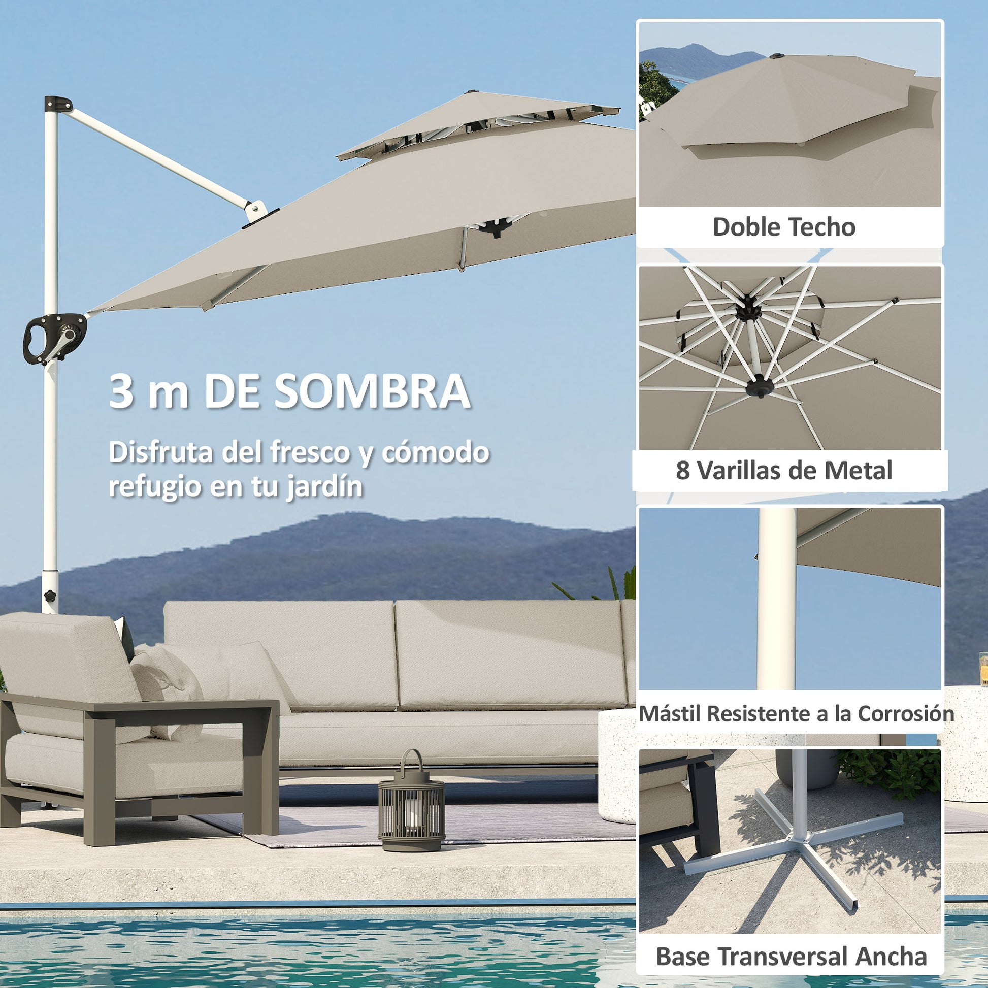 Garden Umbrella Ø292 cm Offset Parasol with 360° Rotating Crank Adjustable Tilt Double Roof and Cross Base Patio Umbrella for Outdoor Terrace Light Gray