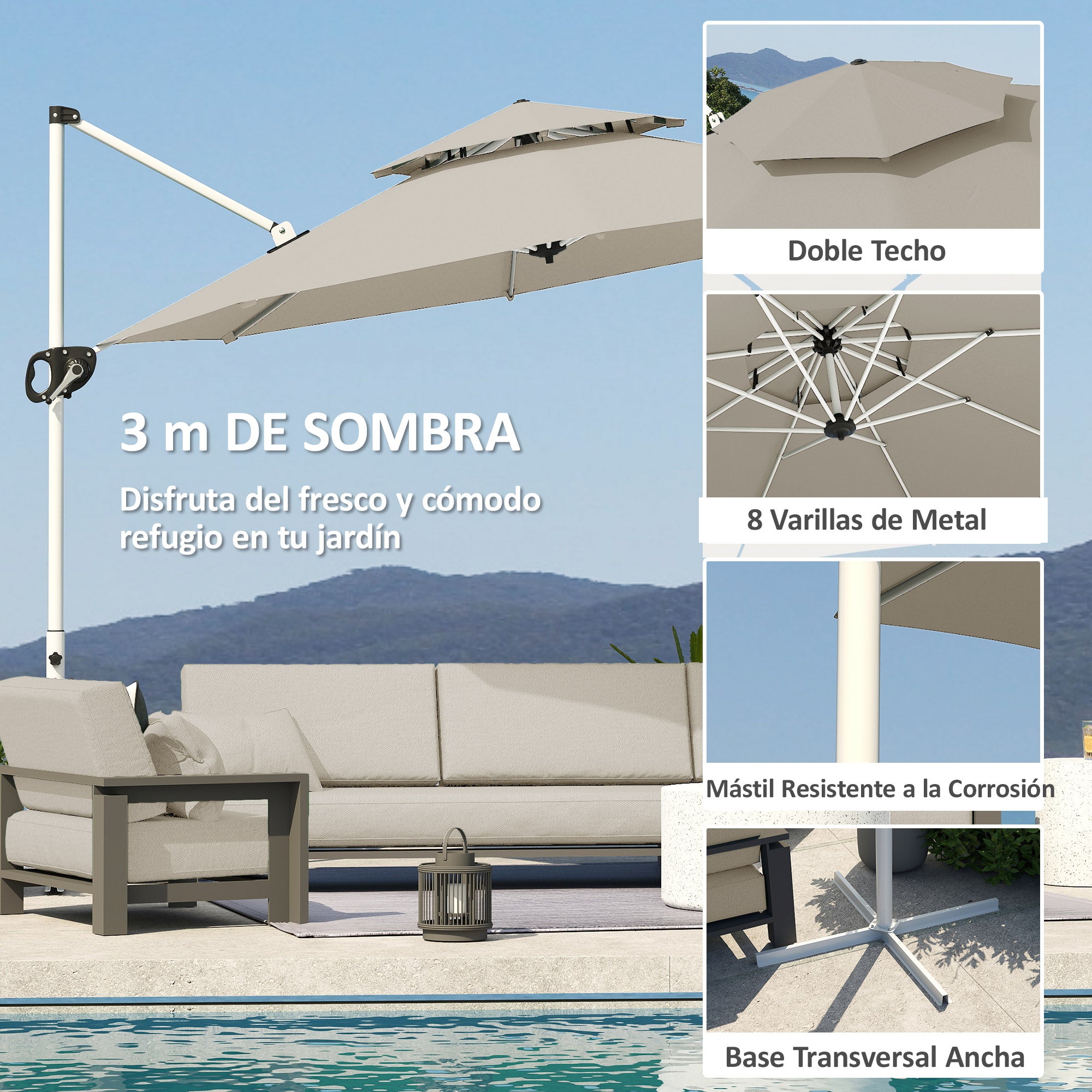 Garden Umbrella Ø292 cm Offset Parasol with 360° Rotating Crank Adjustable Tilt Double Roof and Cross Base Patio Umbrella for Outdoor Terrace Light Gray