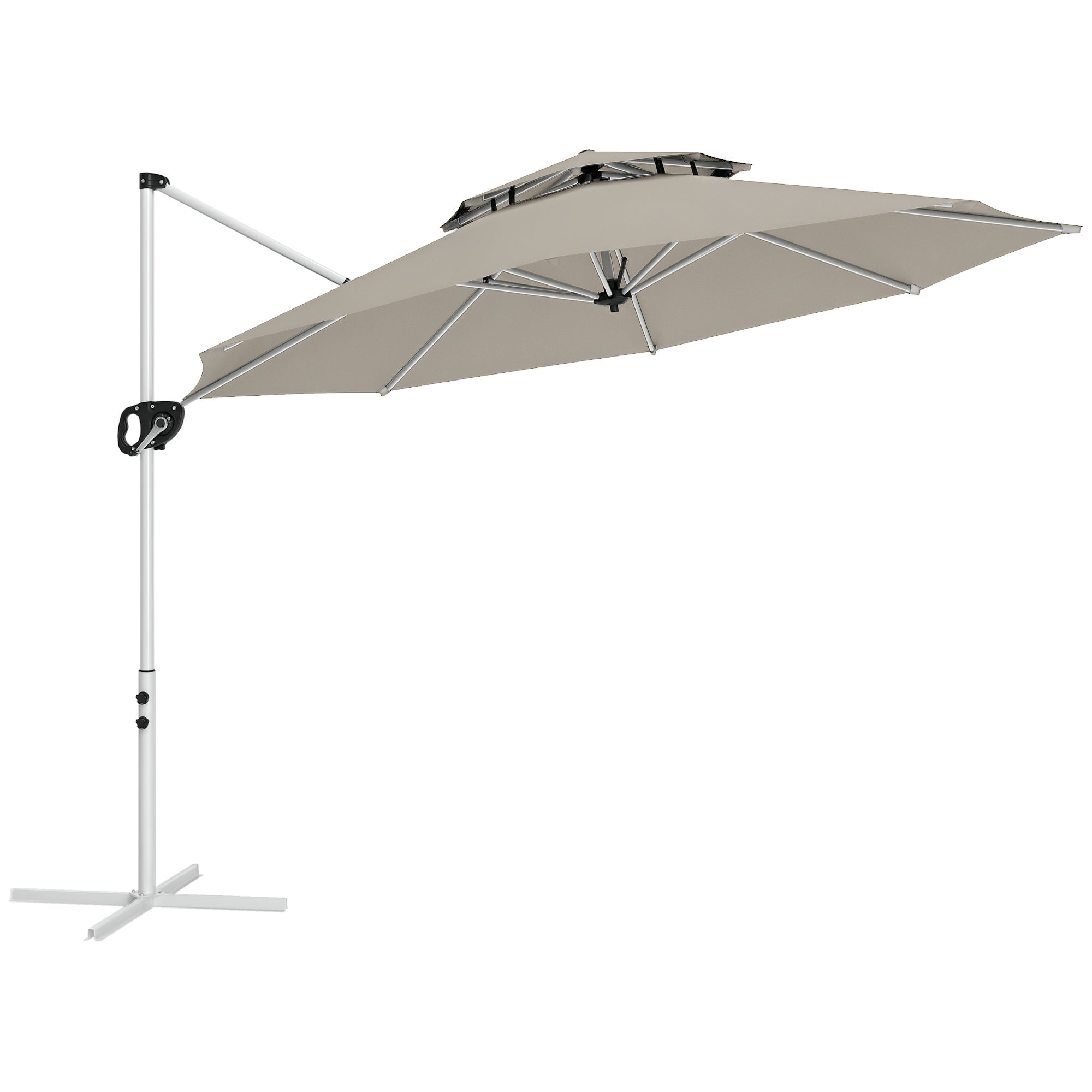 Garden Umbrella Ø292 cm Offset Parasol with 360° Rotating Crank Adjustable Tilt Double Roof and Cross Base Patio Umbrella for Outdoor Terrace Light Gray
