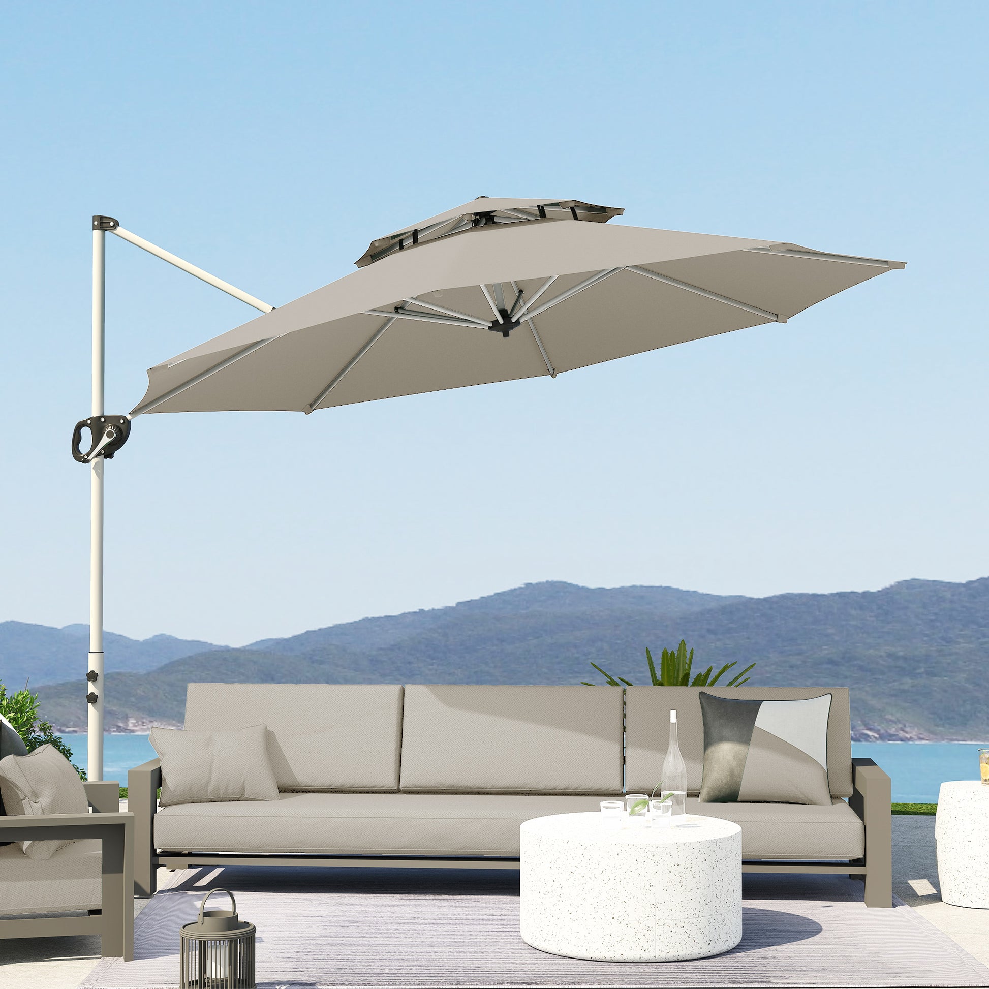 Garden Umbrella Ø292 cm Offset Parasol with 360° Rotating Crank Adjustable Tilt Double Roof and Cross Base Patio Umbrella for Outdoor Terrace Light Gray