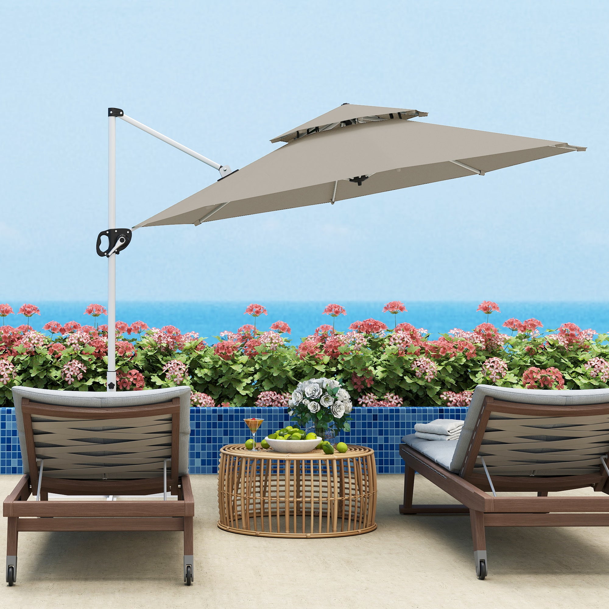 Garden Umbrella Ø292 cm Offset Parasol with 360° Rotating Crank Adjustable Tilt Double Roof and Cross Base Patio Umbrella for Outdoor Terrace Light Gray