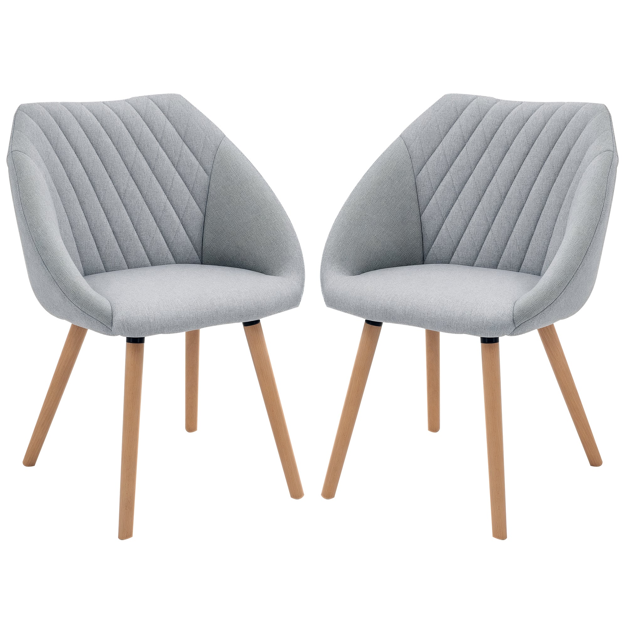 Set of 2 Scandinavian Design Dining Chairs - Tapered Beech Wood Legs - Ergonomic Linen Gray Upholstery