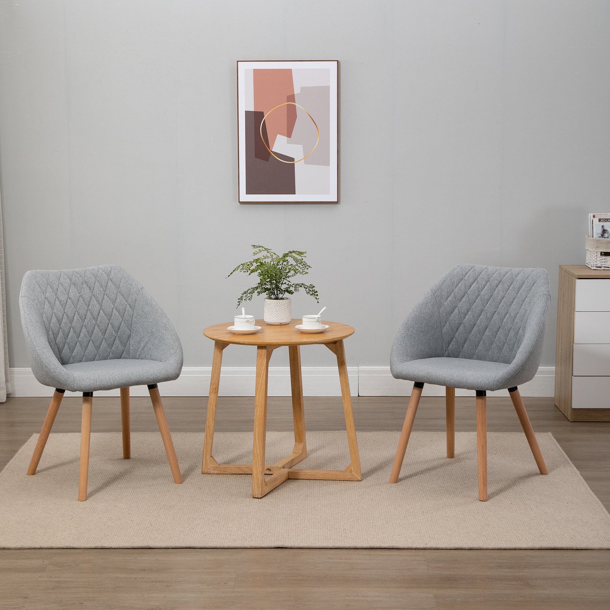 Set of 2 Scandinavian Design Dining Chairs - Tapered Beech Wood Legs - Ergonomic Linen Gray Upholstery