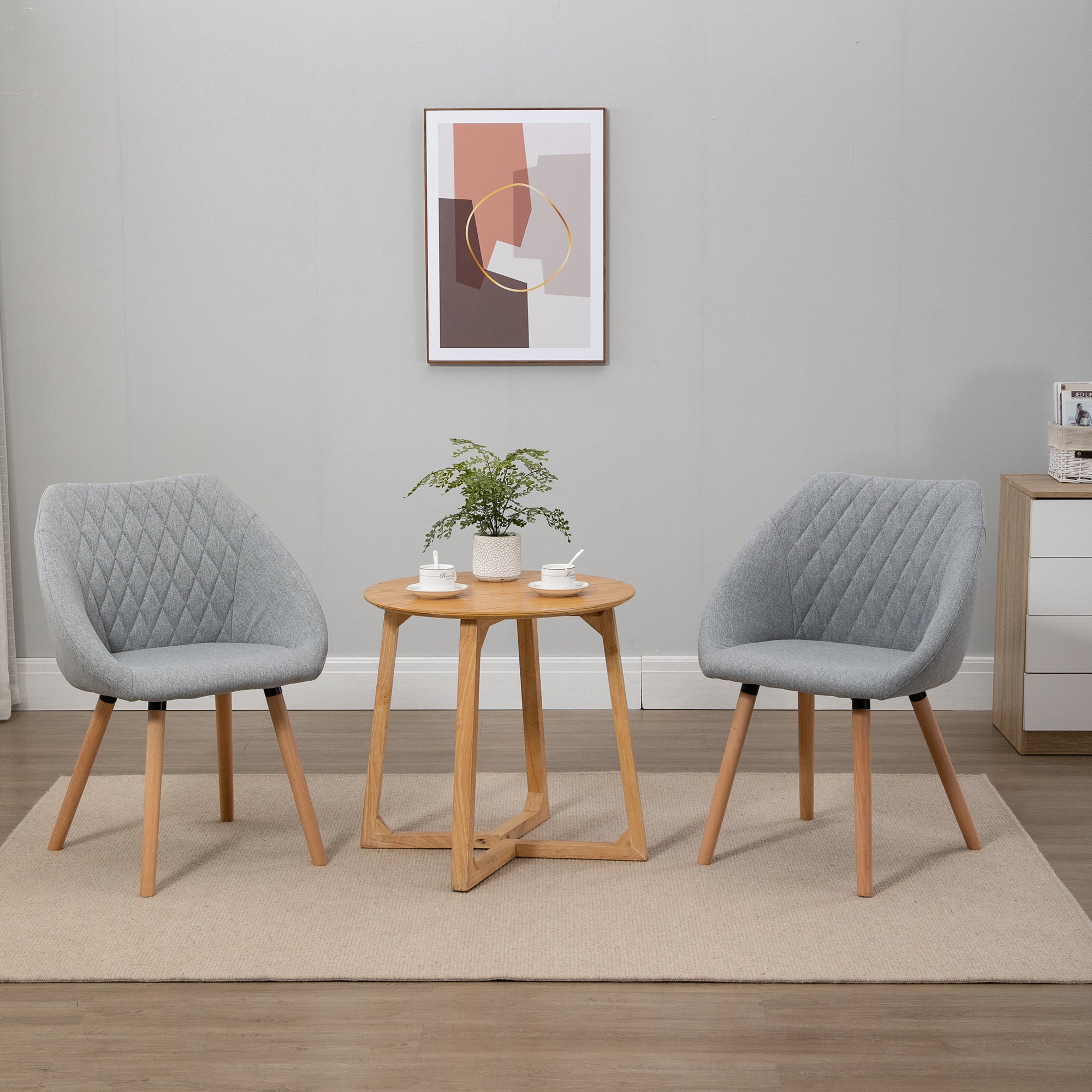 Set of 2 Scandinavian Design Dining Chairs - Tapered Beech Wood Legs - Ergonomic Linen Gray Upholstery