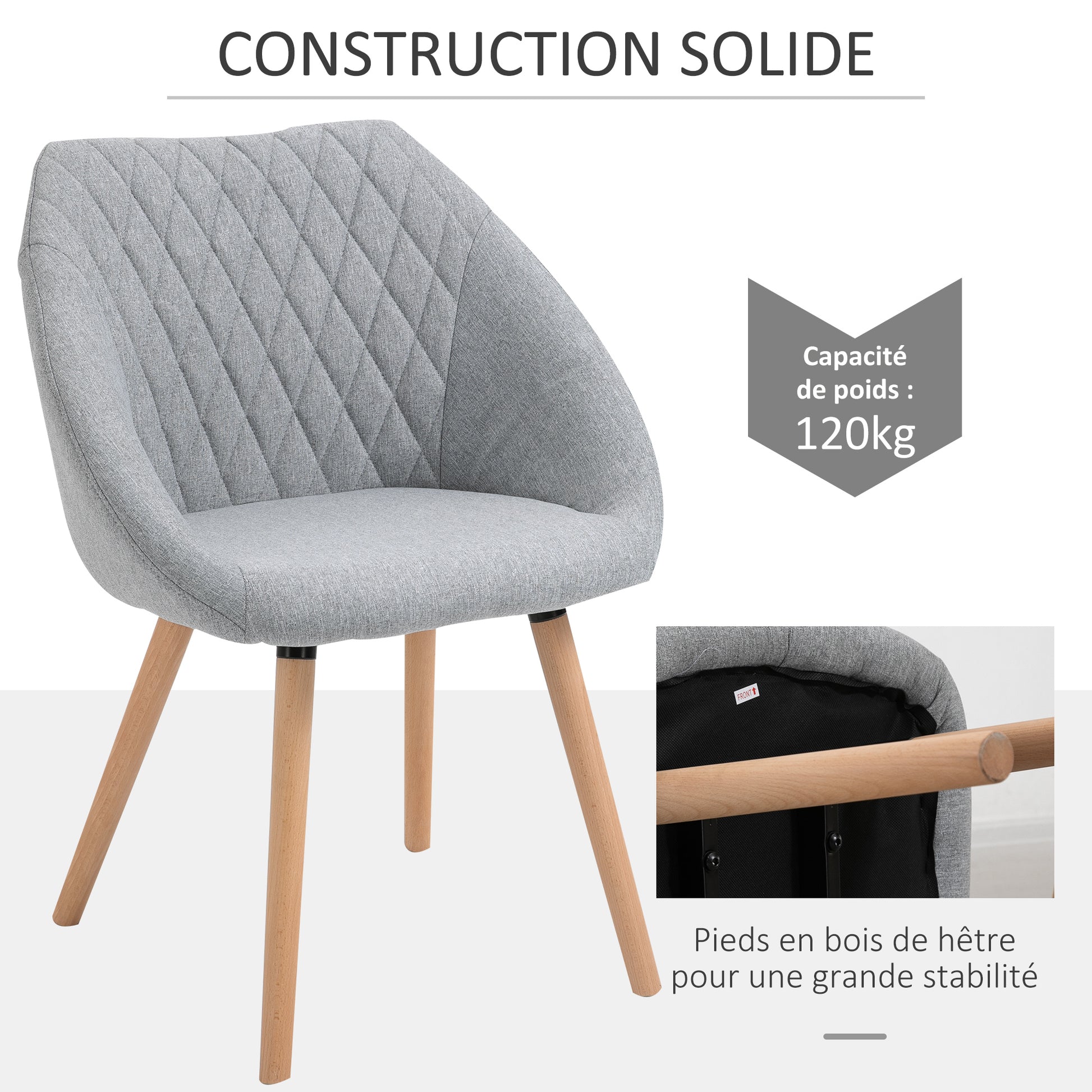Set of 2 Scandinavian Design Dining Chairs - Tapered Beech Wood Legs - Ergonomic Linen Gray Upholstery