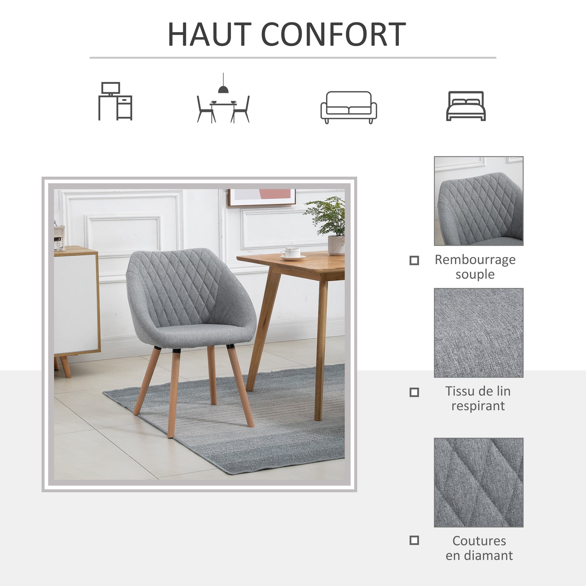 Set of 2 Scandinavian Design Dining Chairs - Tapered Beech Wood Legs - Ergonomic Linen Gray Upholstery