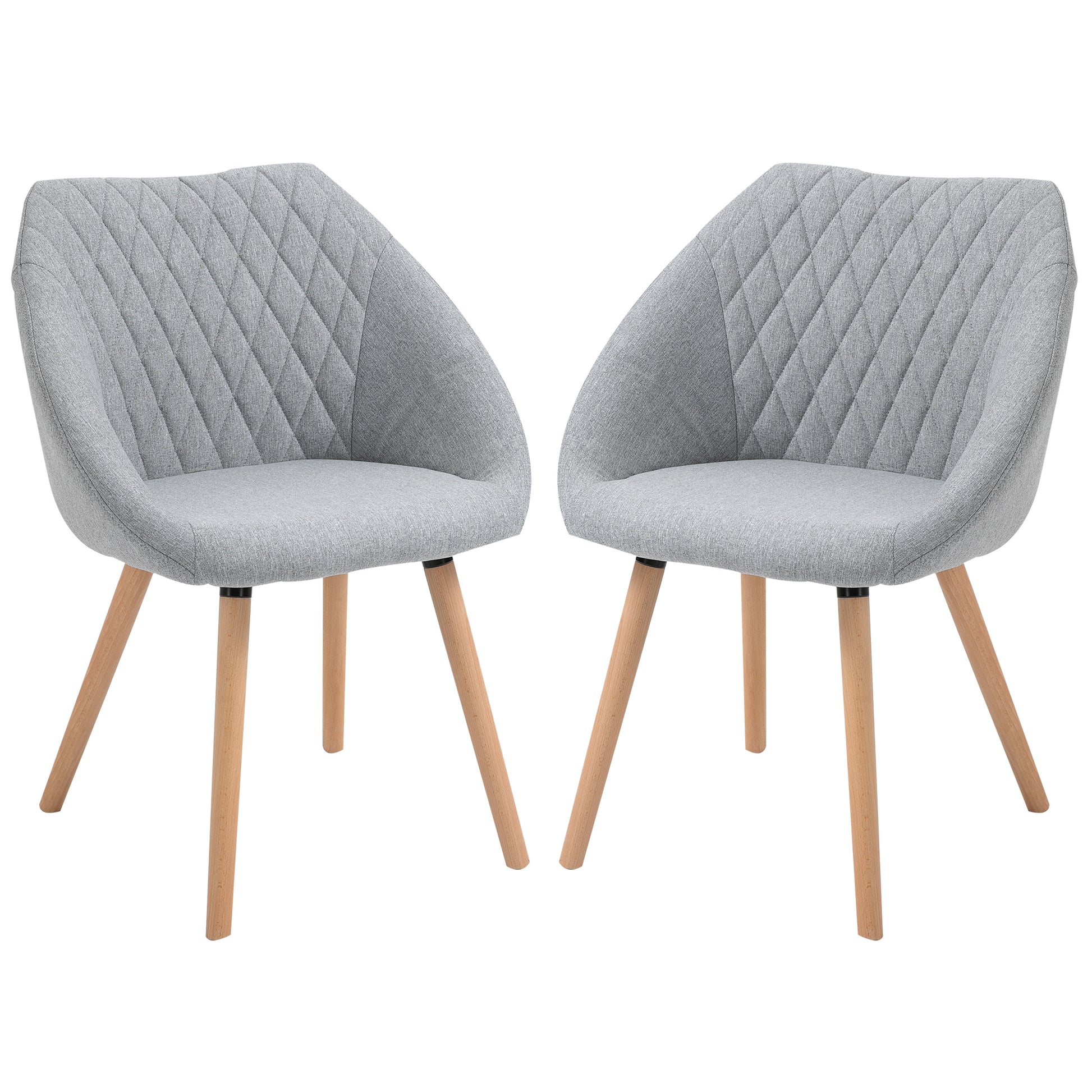 Set of 2 Scandinavian Design Dining Chairs - Tapered Beech Wood Legs - Ergonomic Linen Gray Upholstery