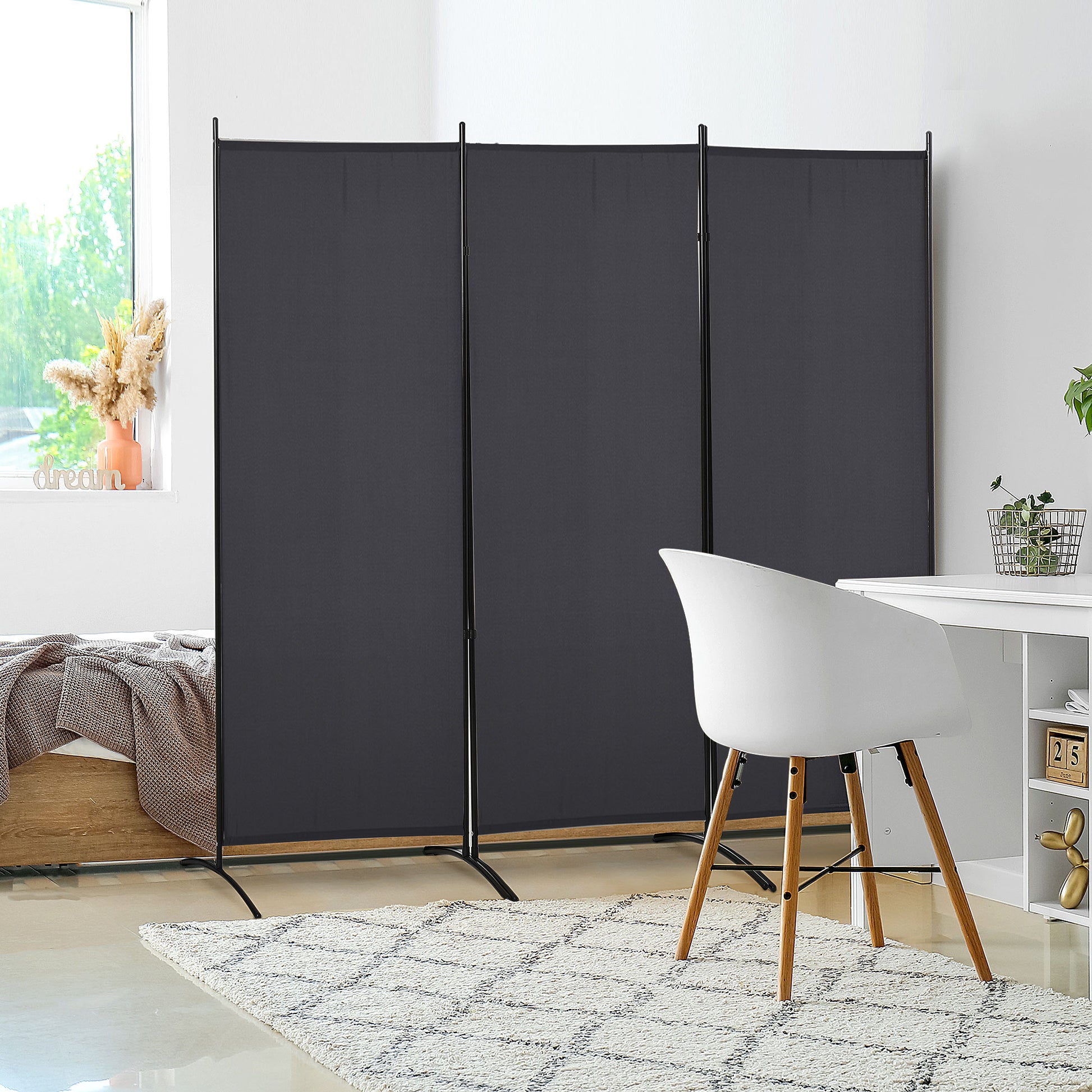 3-Panel Partition 2.53L x 0.5W x 1.82H m Side Blind on Freestanding Metal Polyester High Density Dark Gray