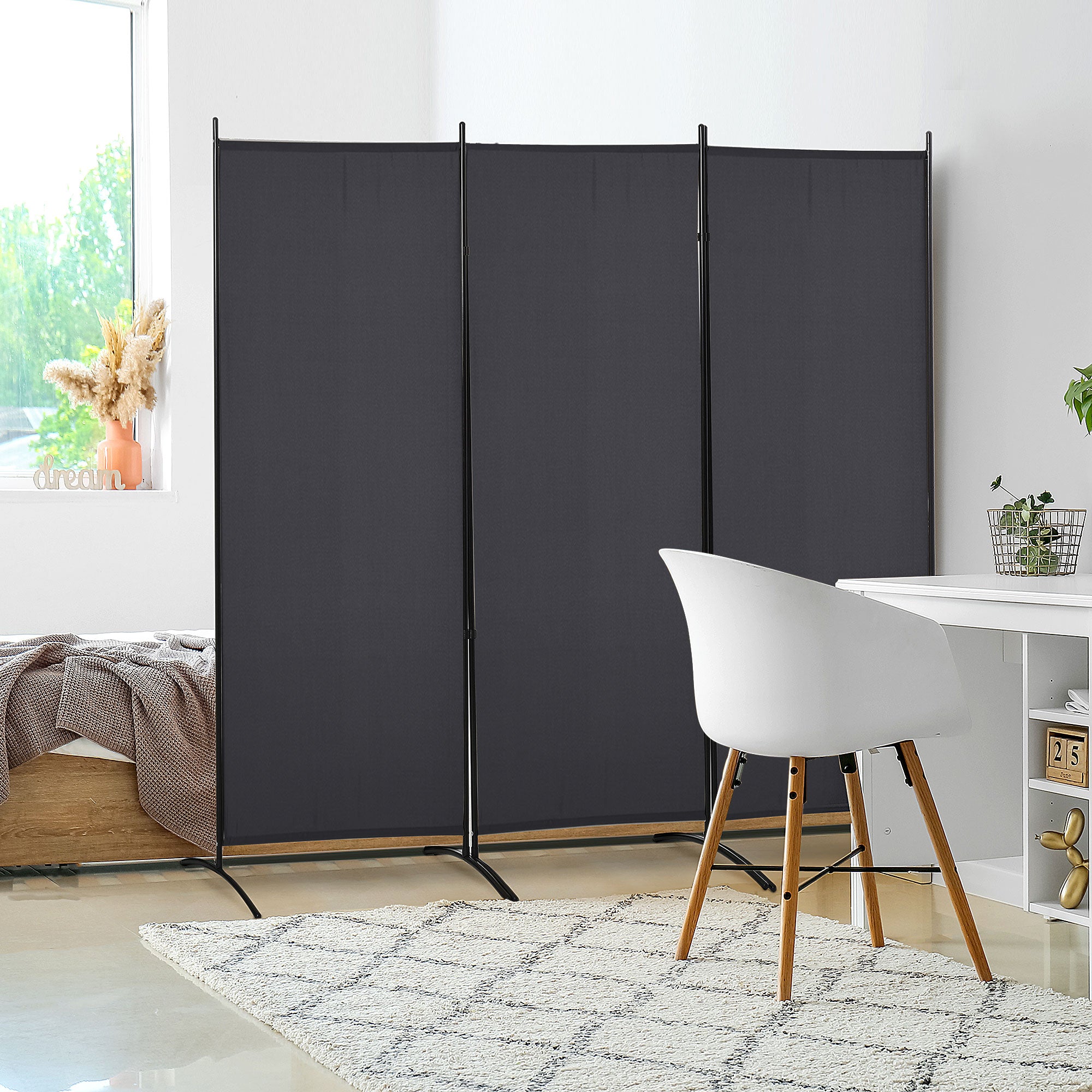 3-Panel Partition 2.53L x 0.5W x 1.82H m Side Blind on Freestanding Metal Polyester High Density Dark Gray