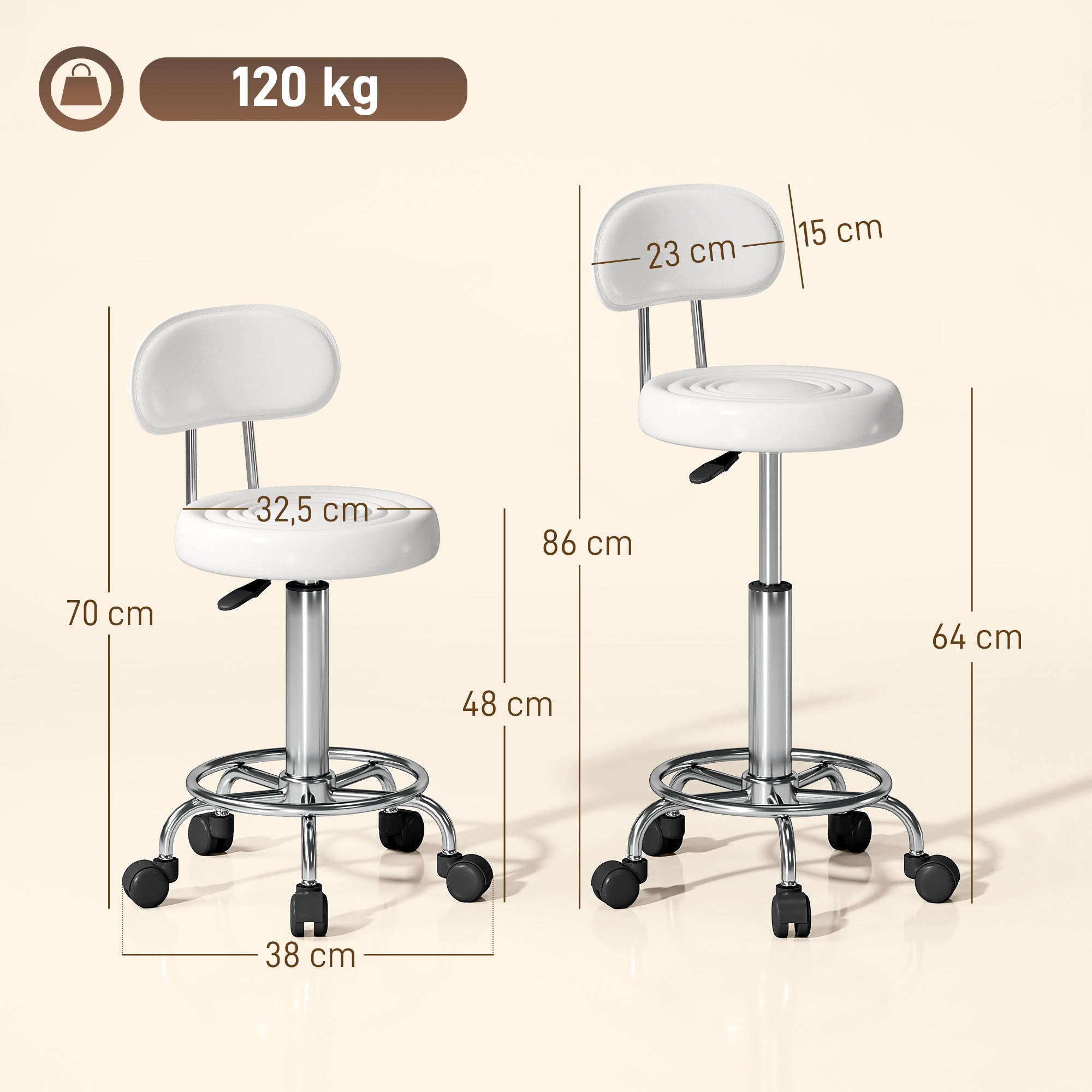 Adjustable Swivel Stool with Wheels & Backrest, White PU Leather — 27.6–33.9 in Height