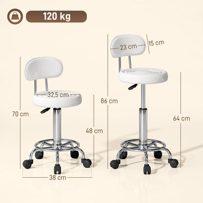 Adjustable Swivel Stool with Wheels & Backrest, White PU Leather — 27.6–33.9 in Height