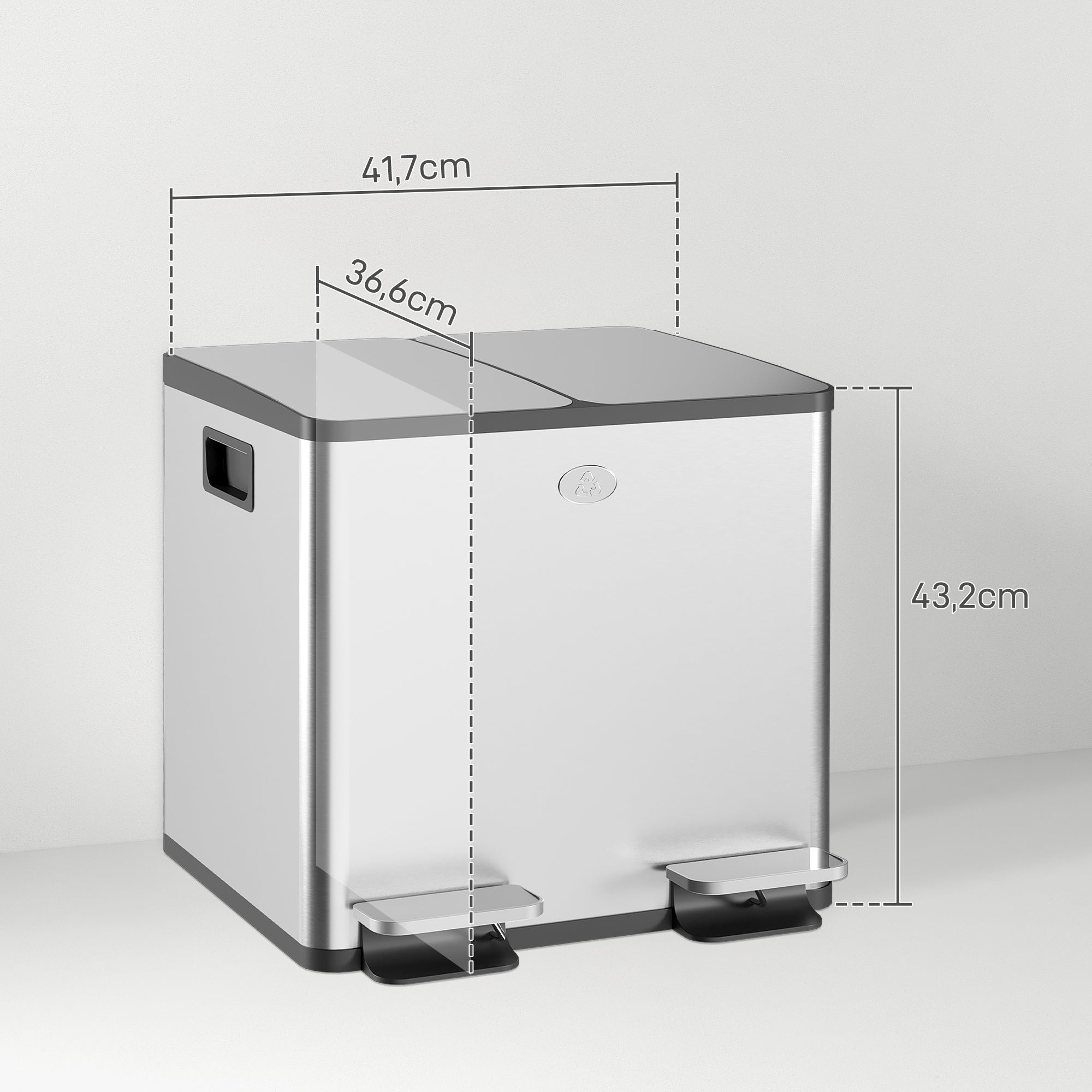 Kitchen Trash Can with 2 Compartments 2x15L Stainless Steel Kitchen Bin with Pedal Soft-Close Lids and Removable Bucket for Recycling Waste Food Scraps Silver