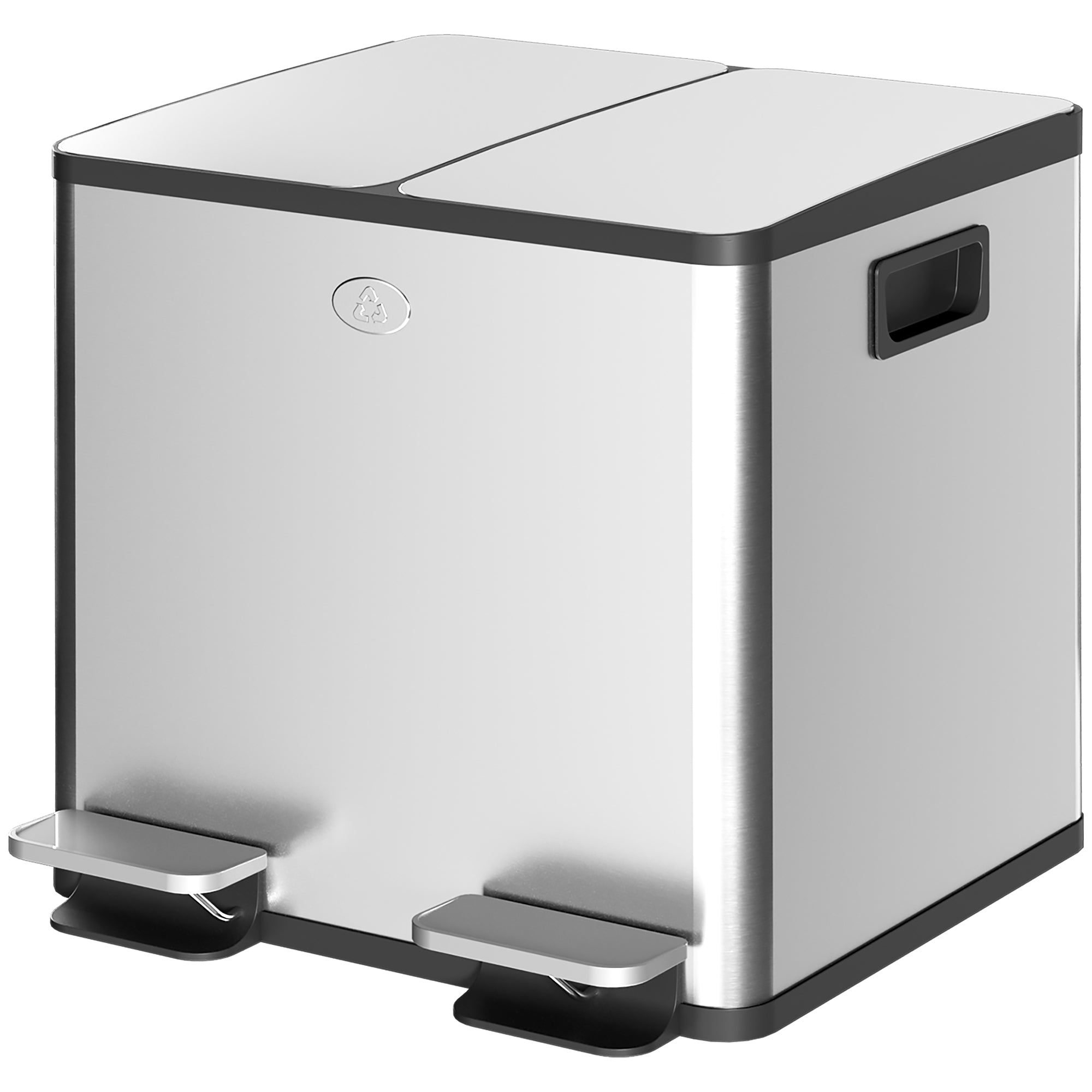 Kitchen Trash Can with 2 Compartments 2x15L Stainless Steel Kitchen Bin with Pedal Soft-Close Lids and Removable Bucket for Recycling Waste Food Scraps Silver