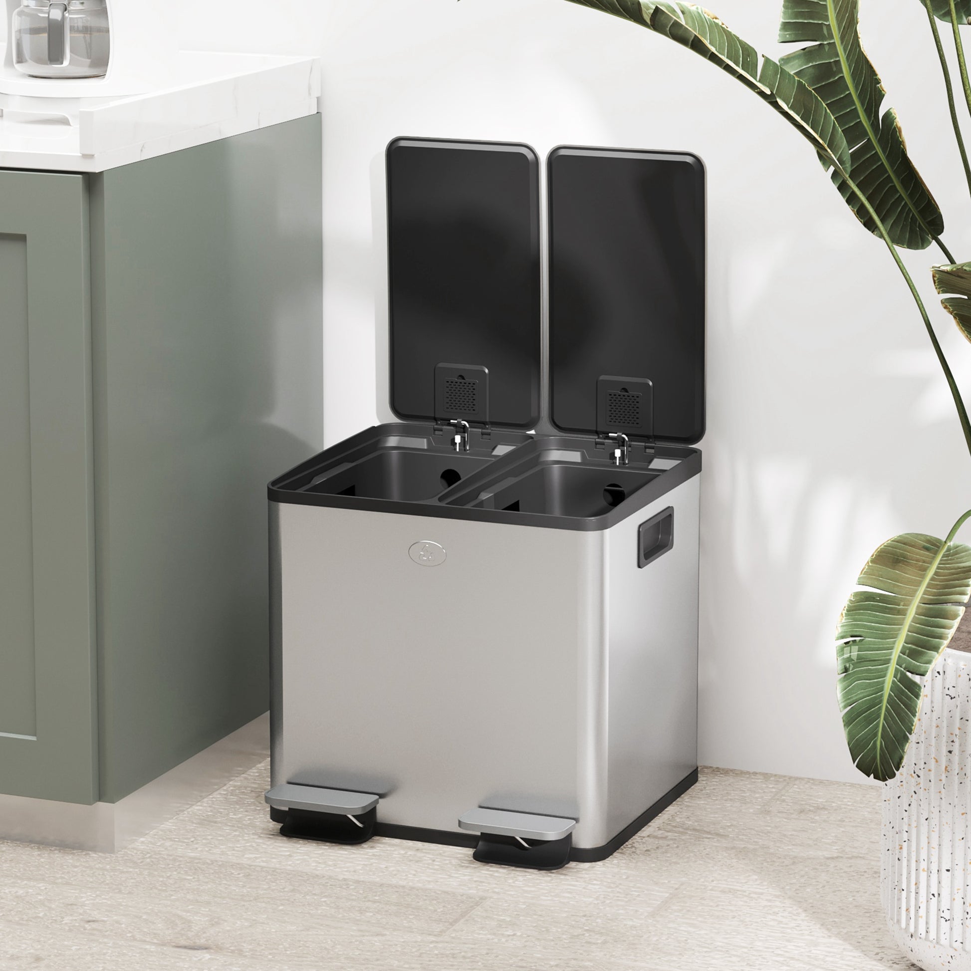 Kitchen Trash Can with 2 Compartments 2x15L Stainless Steel Kitchen Bin with Pedal Soft-Close Lids and Removable Bucket for Recycling Waste Food Scraps Silver