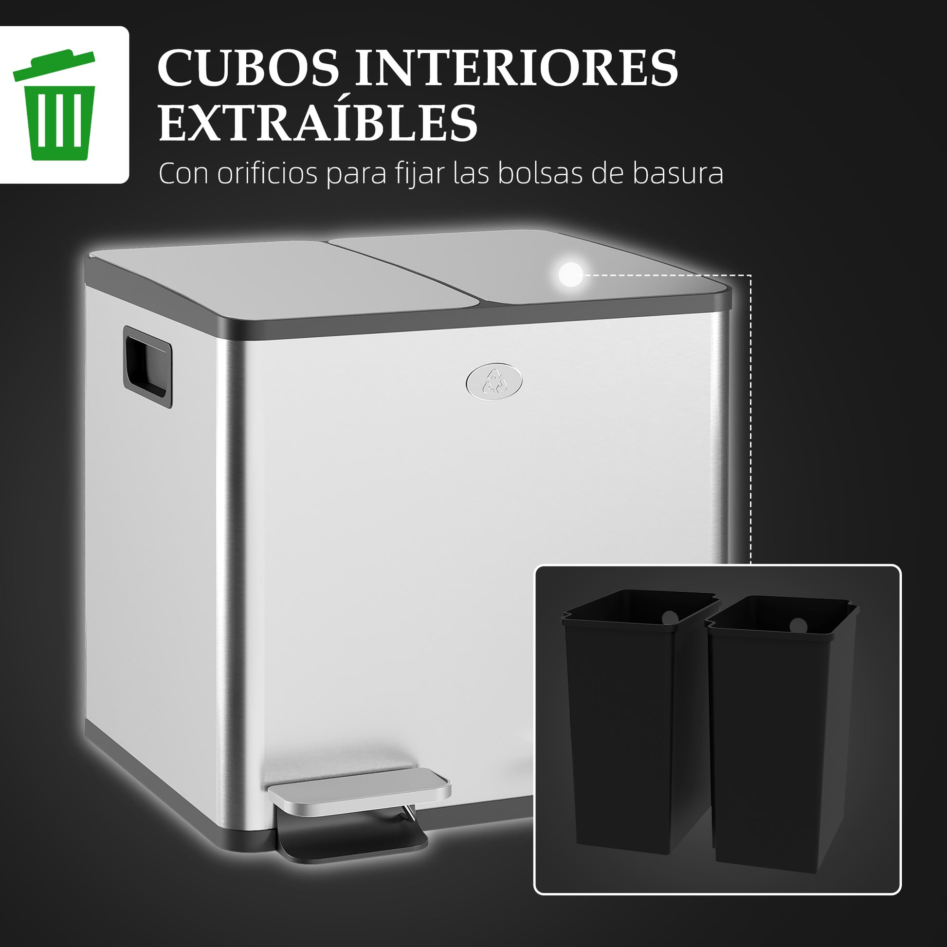 Kitchen Trash Can with 2 Compartments 2x15L Stainless Steel Kitchen Bin with Pedal Soft-Close Lids and Removable Bucket for Recycling Waste Food Scraps Silver